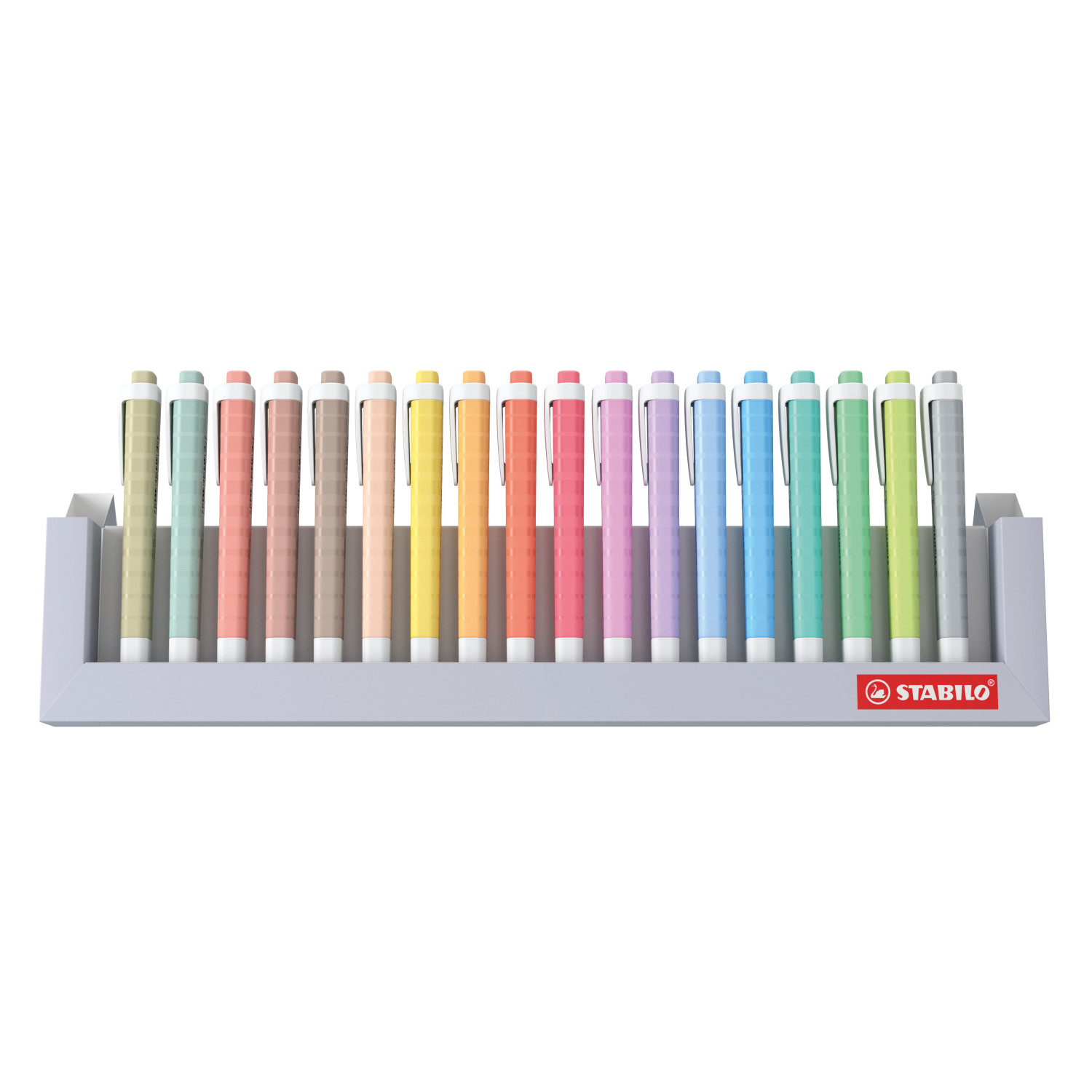 Un espositore grigio contiene una fila di penne pastello Stabilo colorate su sfondo bianco.