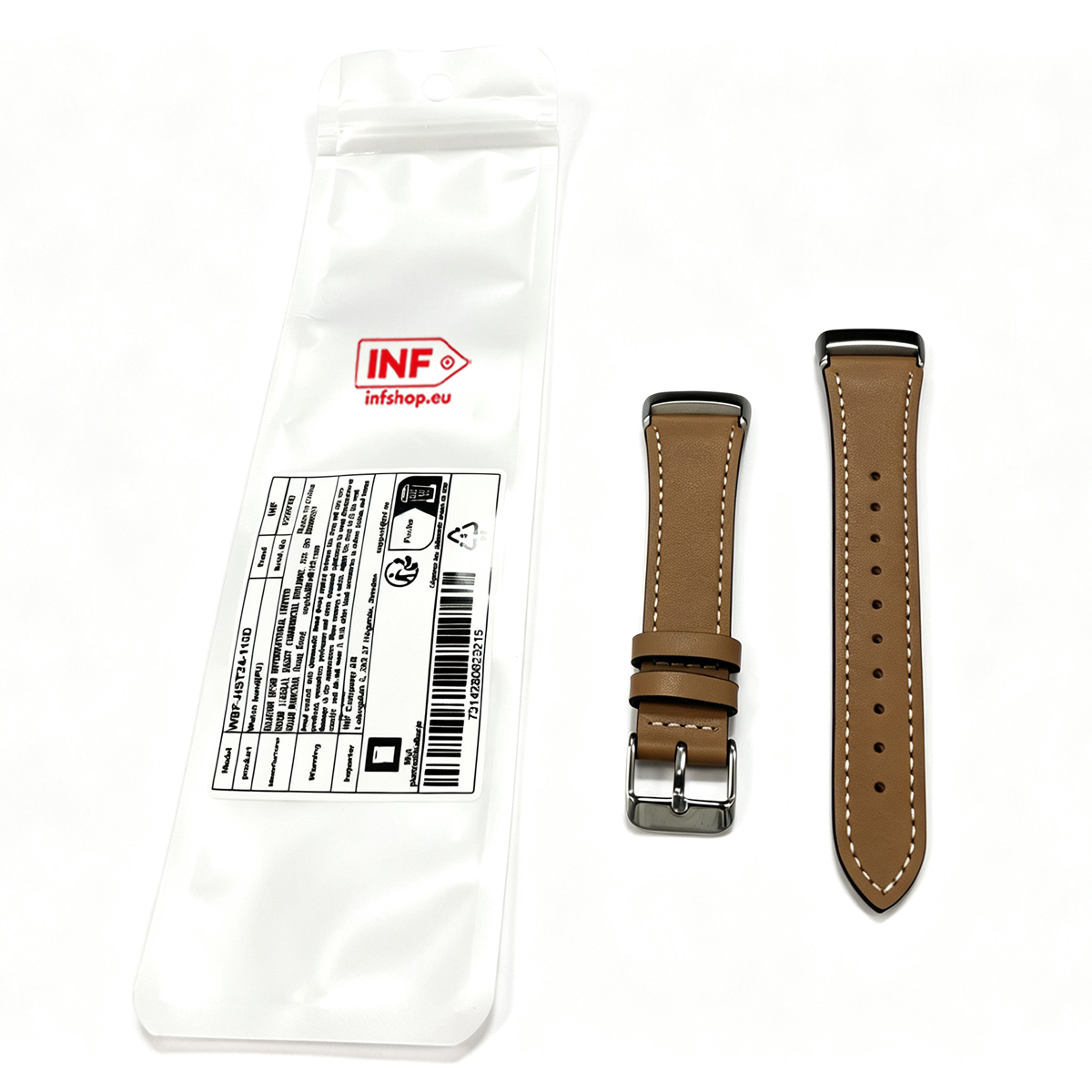 Braunes Lederarmband mit silberner Schließe neben einer Plastiktüte mit Produktetikett.