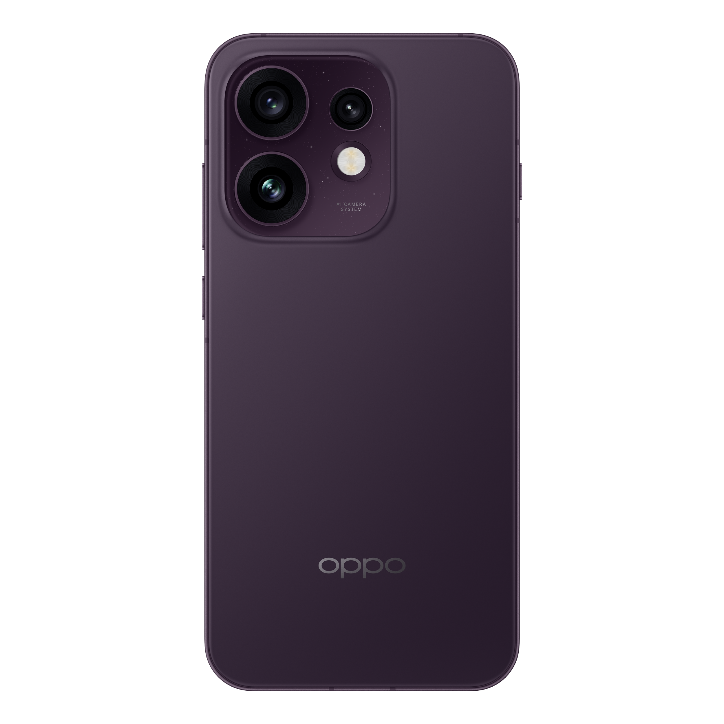 Dos d'un smartphone Oppo violet avec un module photo carré en haut à gauche et le logo.
