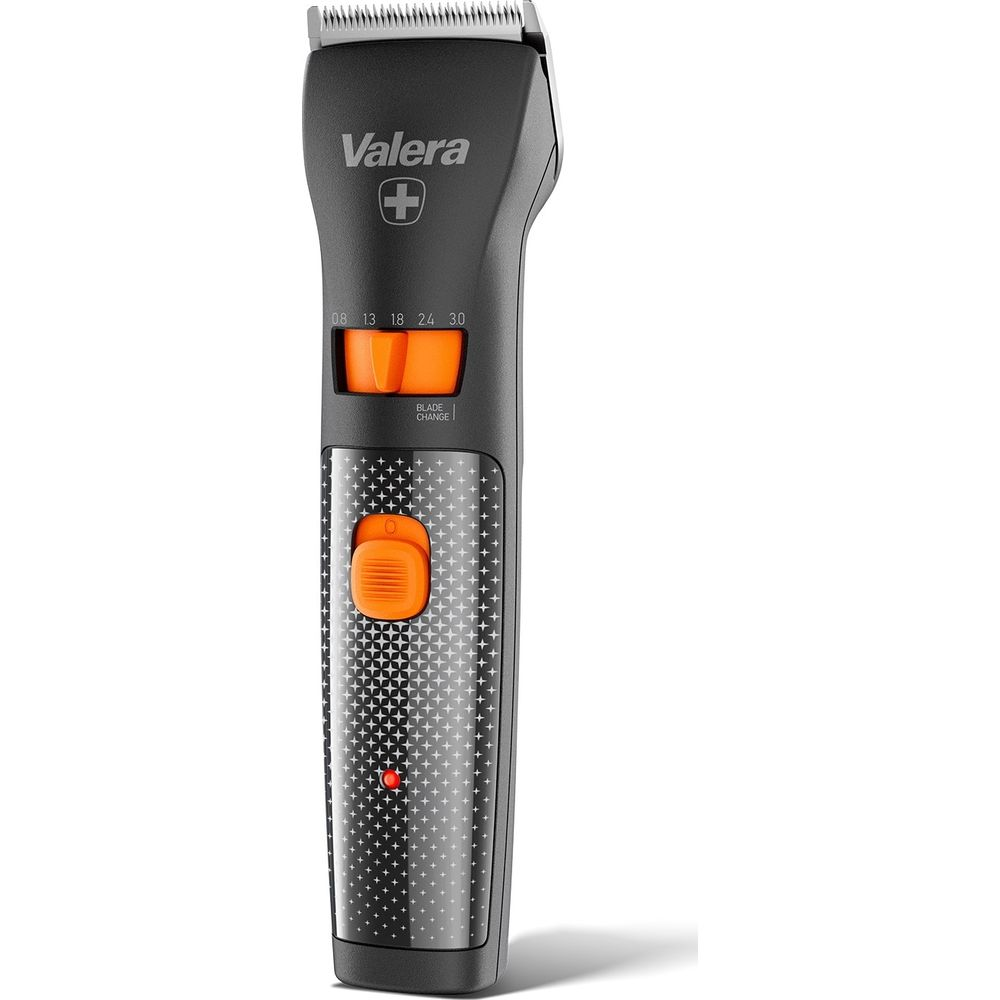 Valera Haarschneidemaschine in Schwarz mit orangefarbenem Regler und gemustertem Griff auf weißem Hintergrund.