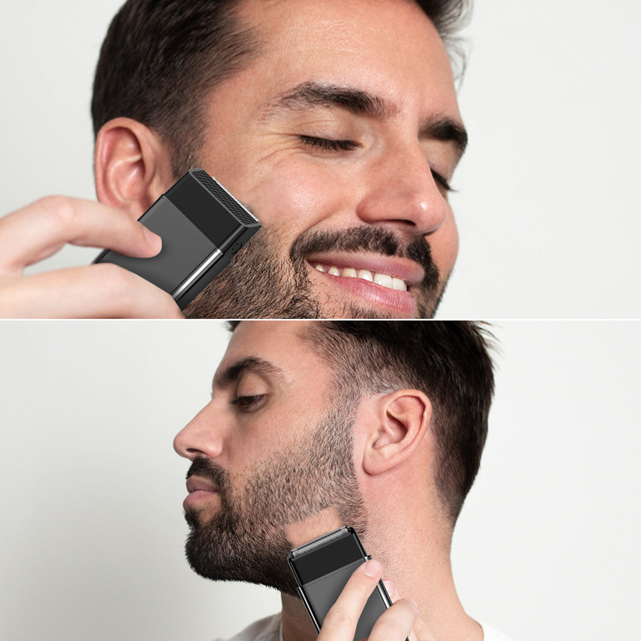 Un uomo sorridente si rade guancia e collo con un rasoio elettrico nero compatto su sfondo bianco.