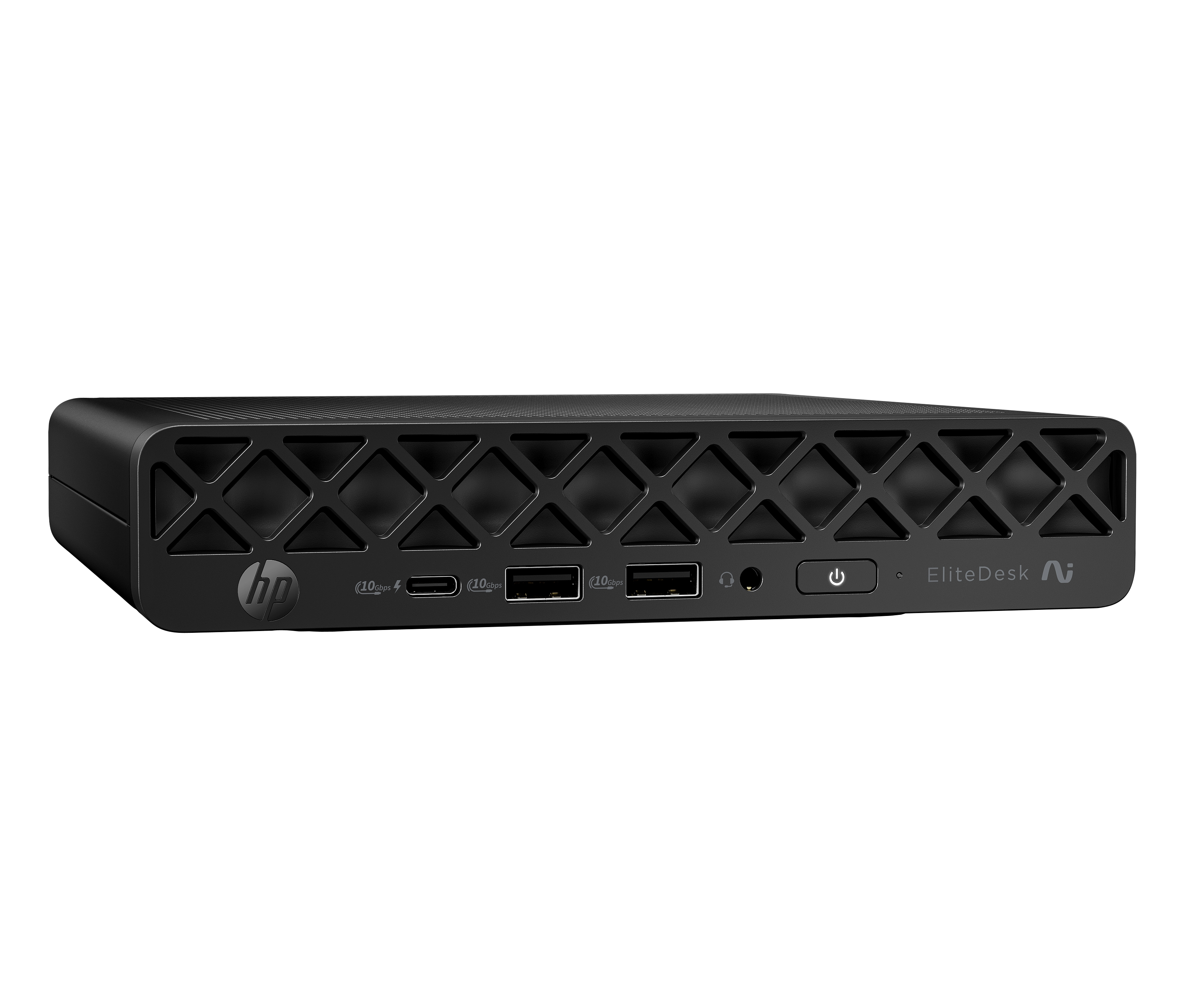 Mini PC HP EliteDesk nero con porte anteriori e pannello frontale a griglia geometrica su sfondo bianco.