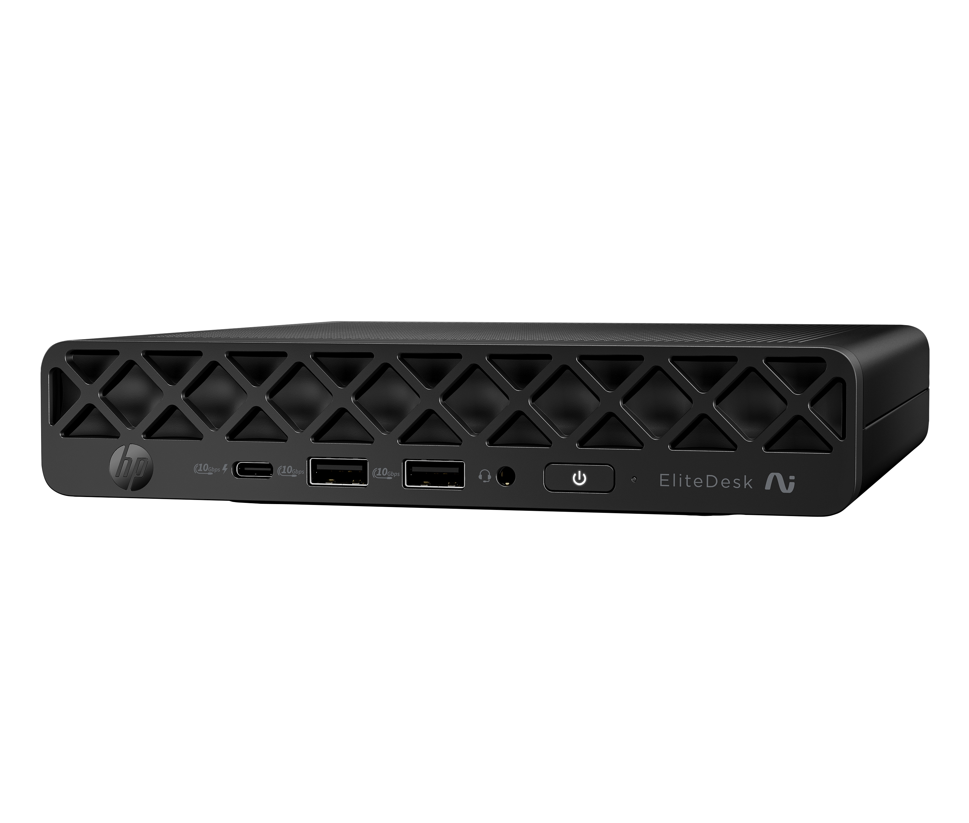 Vista frontale di un mini PC HP EliteDesk nero con porte, pulsante di accensione e griglia.