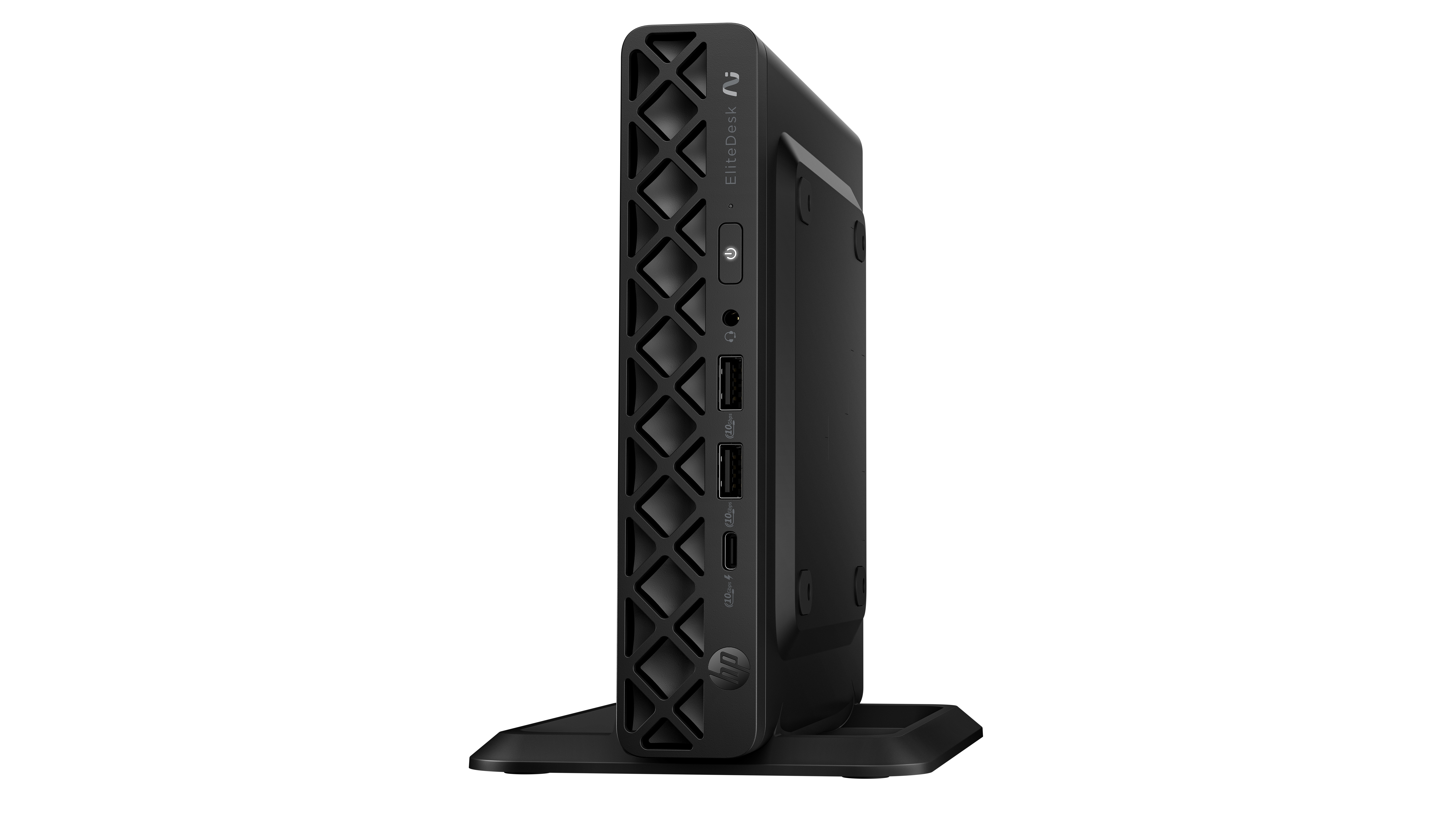 Un mini PC HP EliteDesk nero è posizionato verticalmente su un supporto con sfondo bianco.