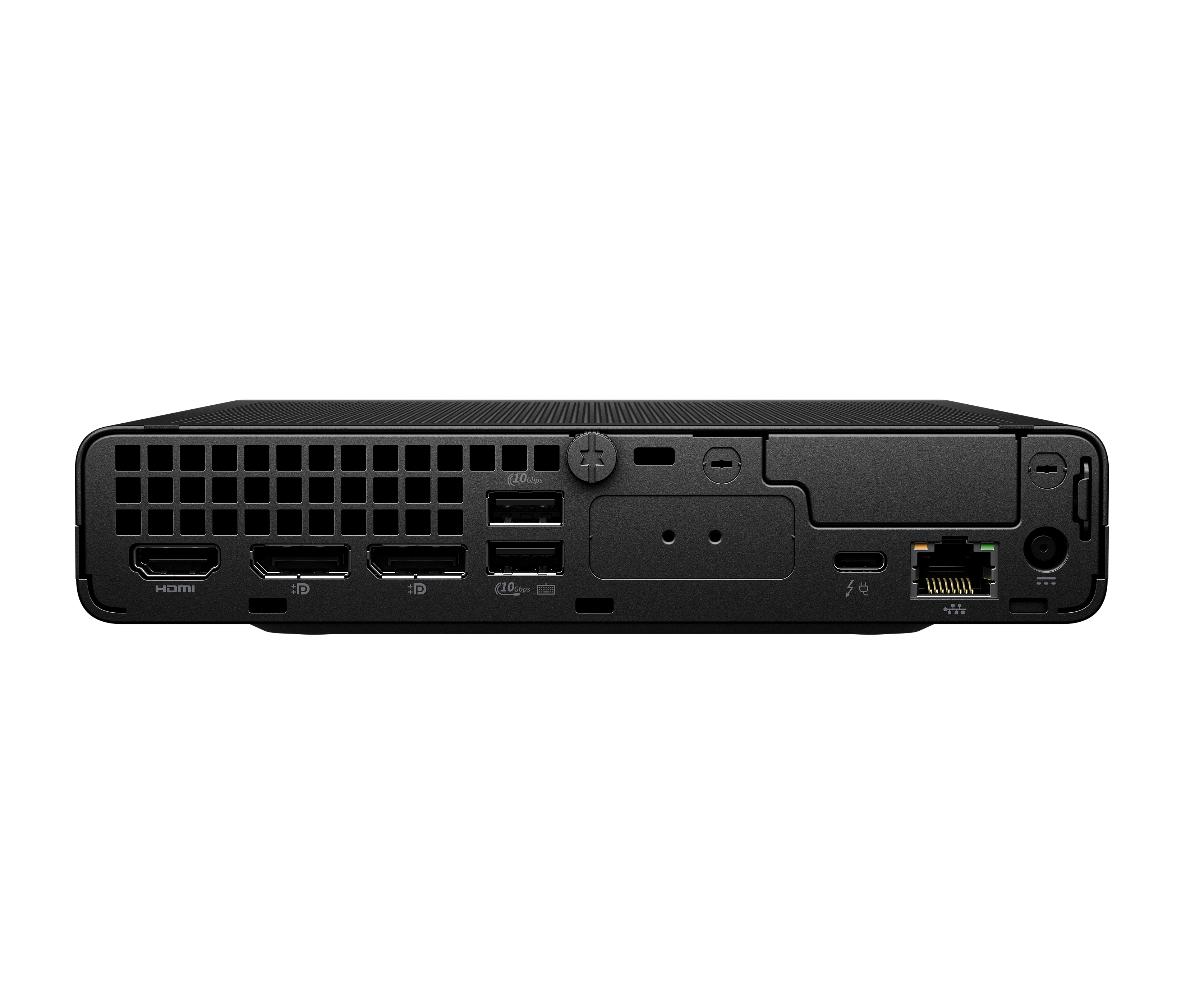 Vista posteriore di un mini PC nero con porte HDMI, DisplayPort, USB, USB-C ed Ethernet su sfondo bianco.