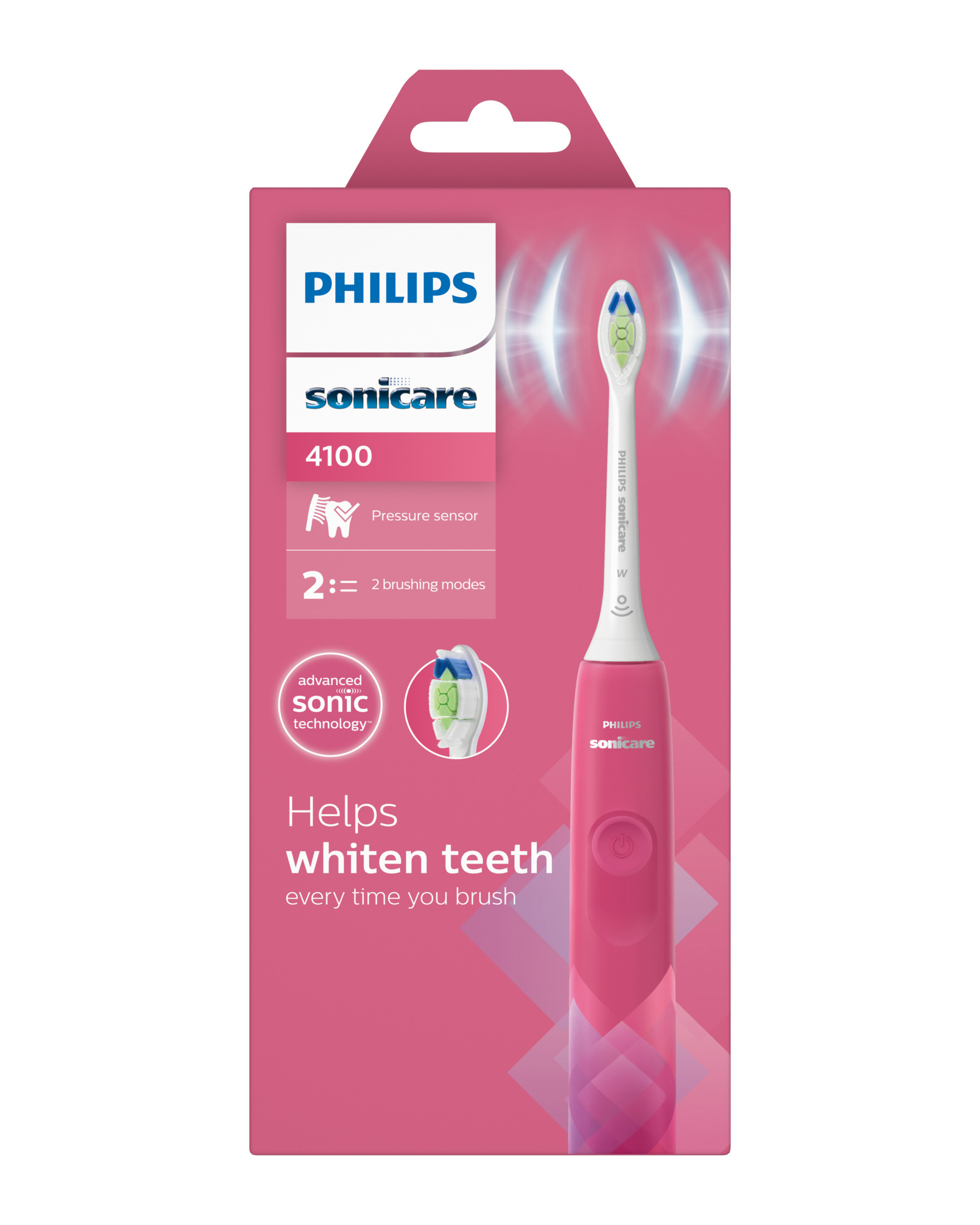 Spazzolino elettrico Philips Sonicare 4100 rosa in confezione, con tecnologia sonica e benefici sbiancanti.