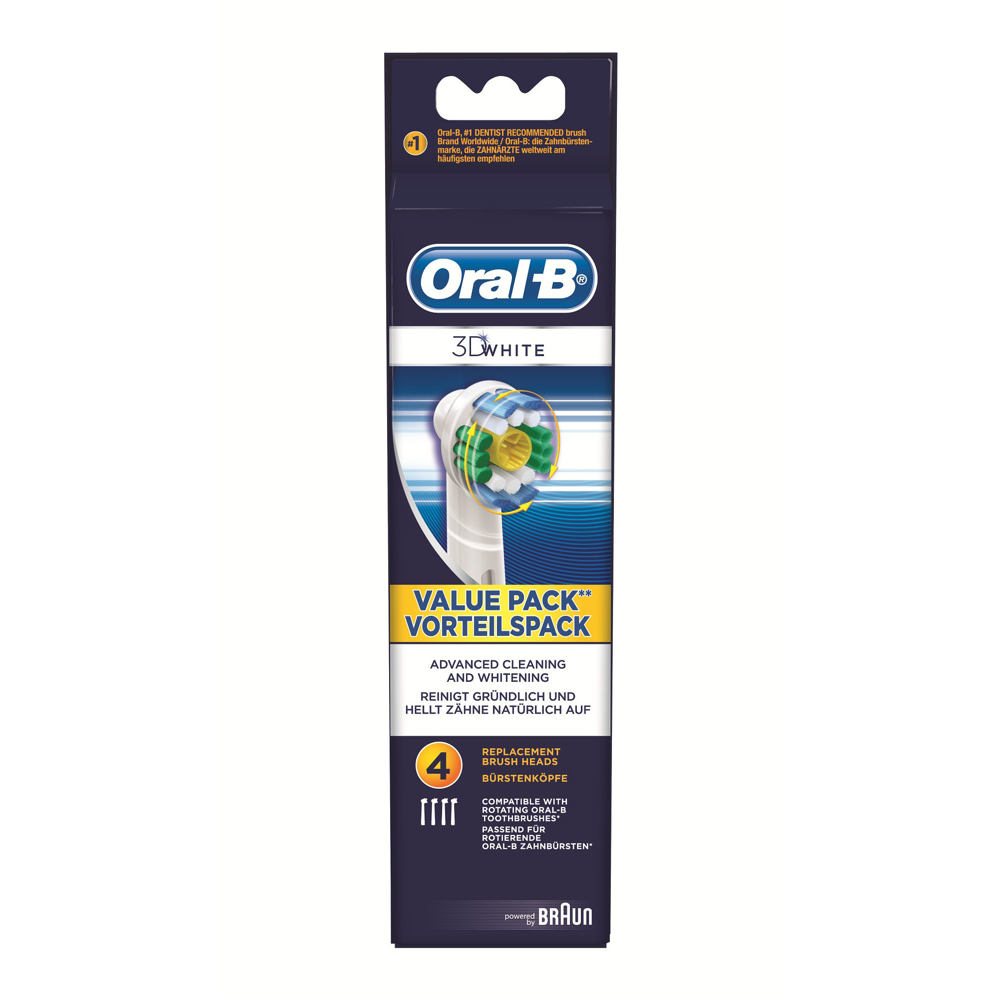 Confezione da 4 testine di ricambio Oral-B 3D White in confezione blu scuro.