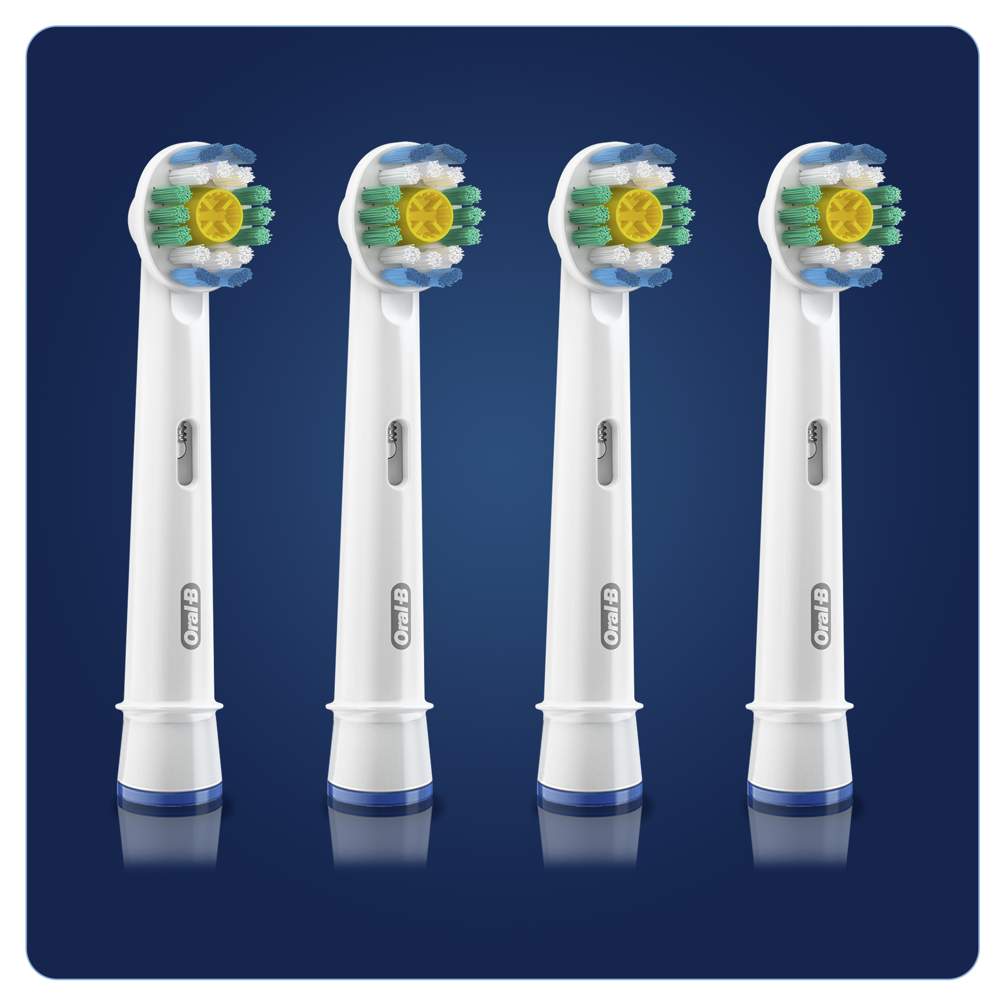 Quattro testine di ricambio per spazzolino elettrico Oral-B su sfondo blu scuro.