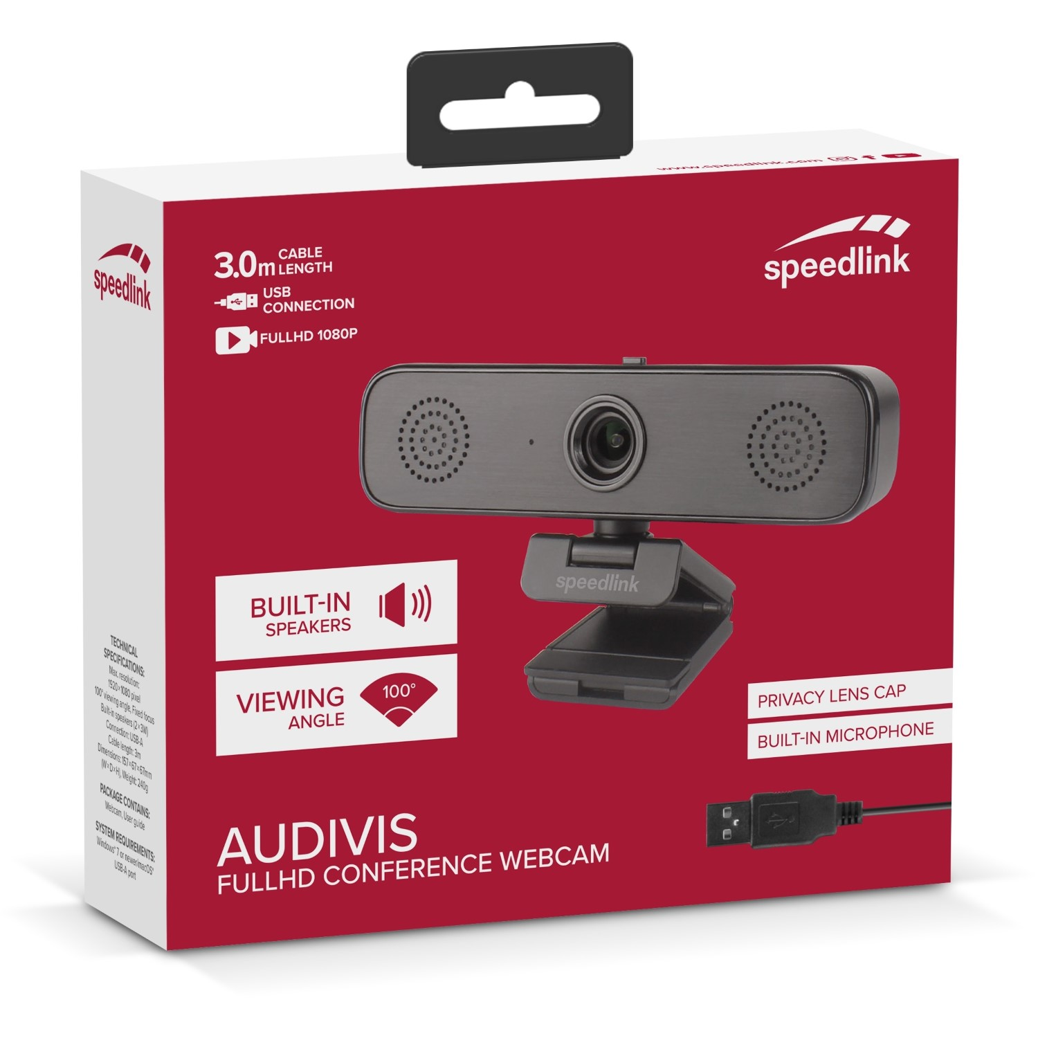 Rote Speedlink Audivis FullHD Konferenz-Webcam-Verpackung mit Lautsprechern und Mikrofon.