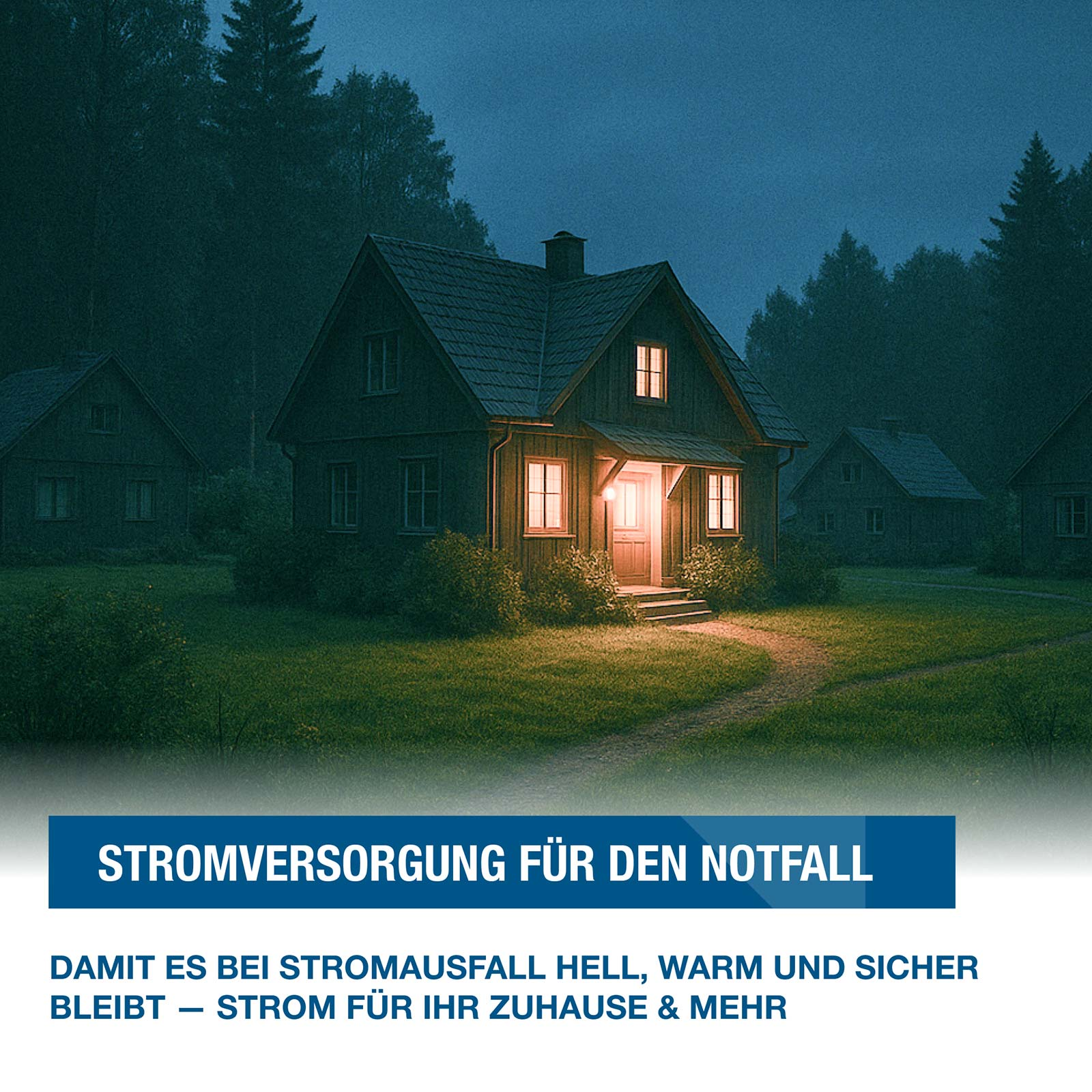 Ein beleuchtetes Holzhaus in der Dämmerung, umgeben von dunklem Wald, mit Text zur Stromversorgung im Notfall.