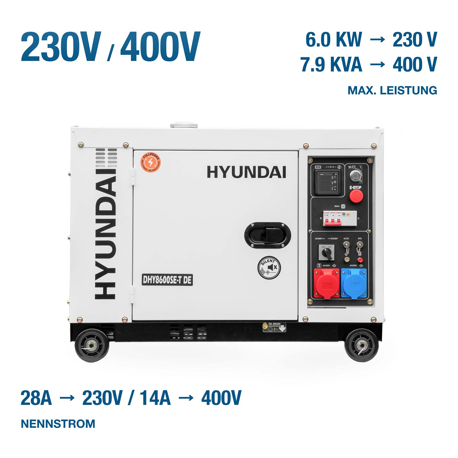 Weißer Hyundai Stromerzeuger DHY8600SE-T DE mit Bedienfeld und Rädern vor weißem Hintergrund.