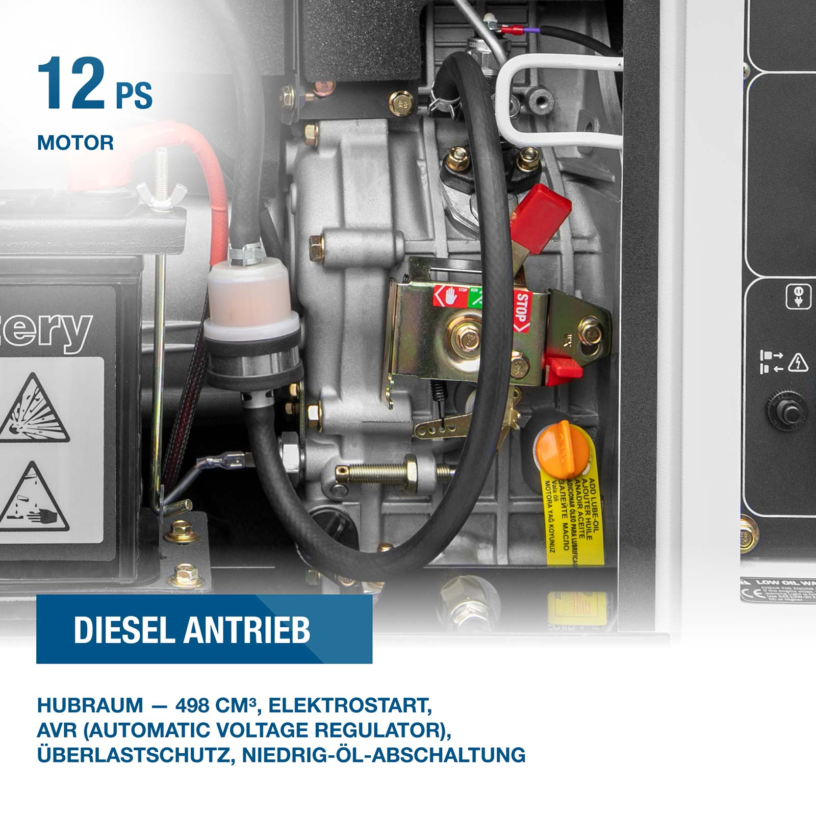 Nahaufnahme eines Dieselmotors mit Kraftstofffilter, roten Hebeln und Batterieteilen.
