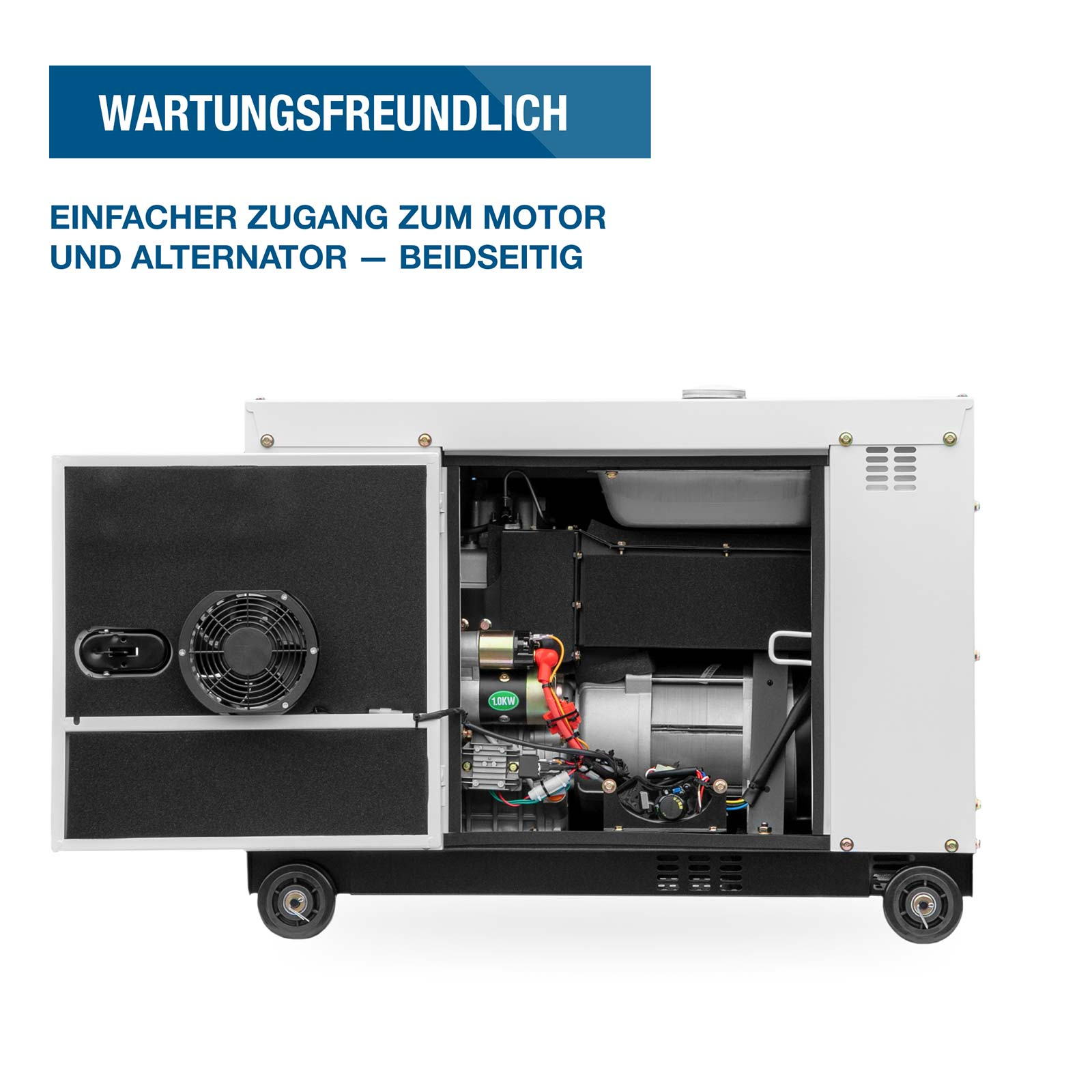 Ein weißer Generator mit geöffneter Tür zeigt den Motor und die inneren Komponenten.