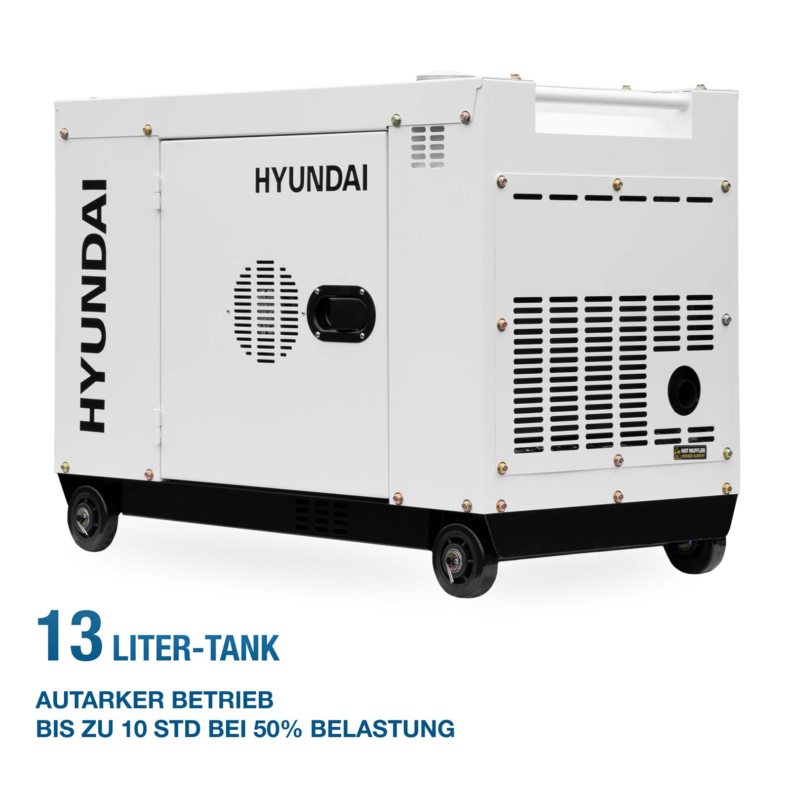 Ein weißer Hyundai Notstromgenerator mit vier schwarzen Rädern und Text auf Deutsch zum Tank.