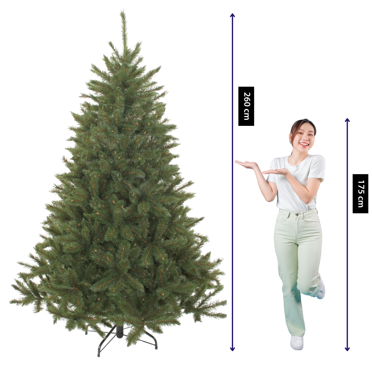 A woman in green pants and white shirt gestures towards a 260 cm Christmas tree, standing at 175 cm for scale.