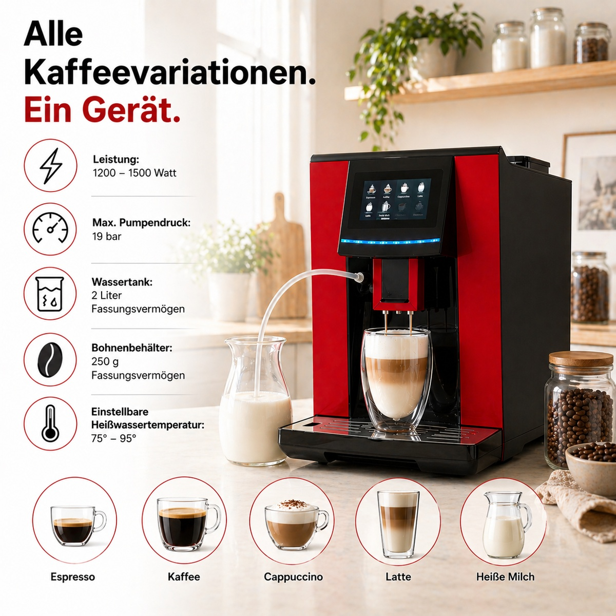 Rote und schwarze Kaffeemaschine mit Display und technischer Ausstattung in Küche.