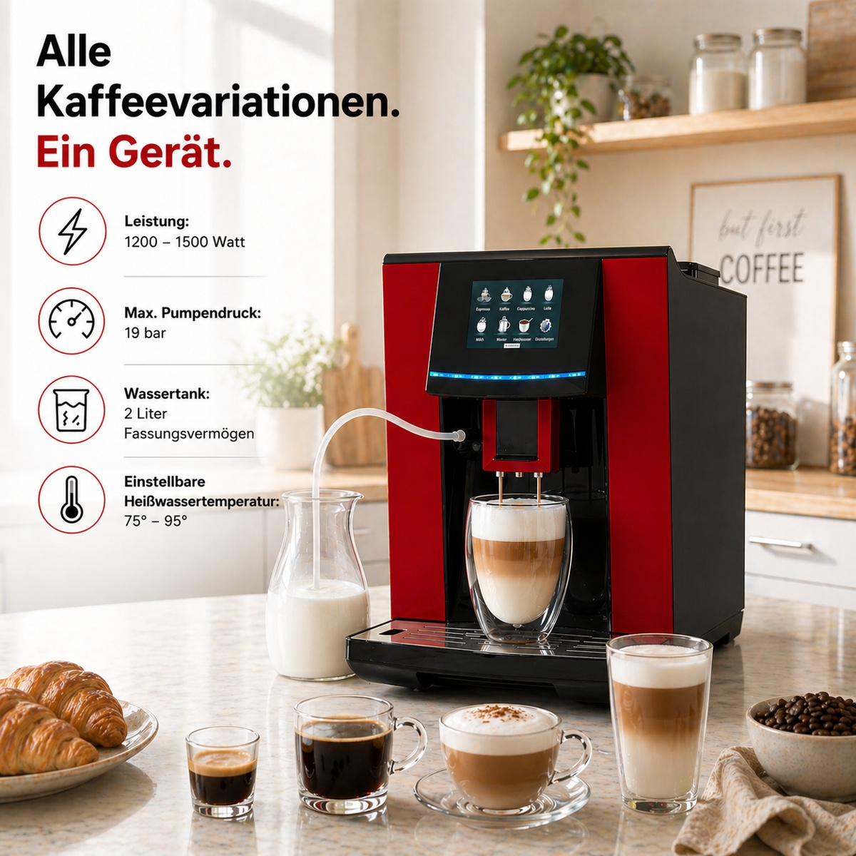 Rote Kaffeemaschine mit Display auf der Arbeitsplatte und Kaffeespezialitäten im Vordergrund.