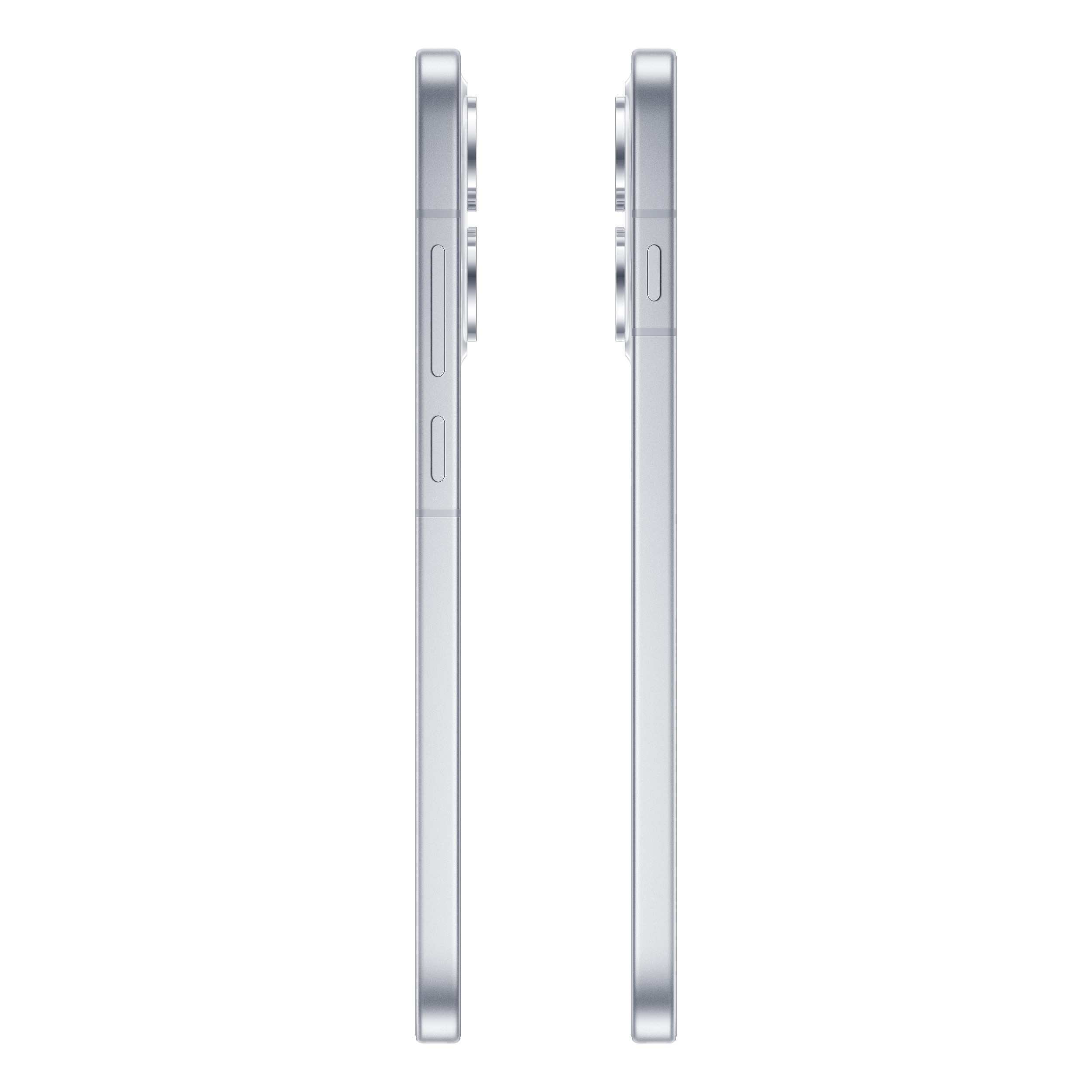 Due viste laterali di uno smartphone argento con pulsanti su sfondo nero.