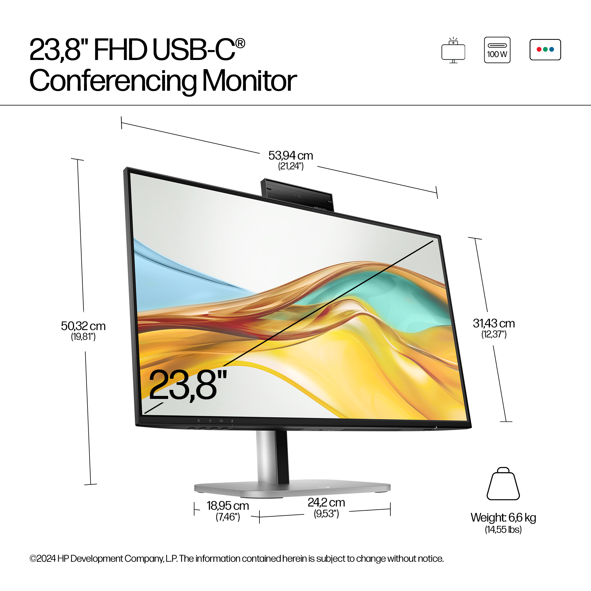Monitor per conferenze FHD USB-C da 23,8 pollici con dimensioni, webcam e sfondo colorato.