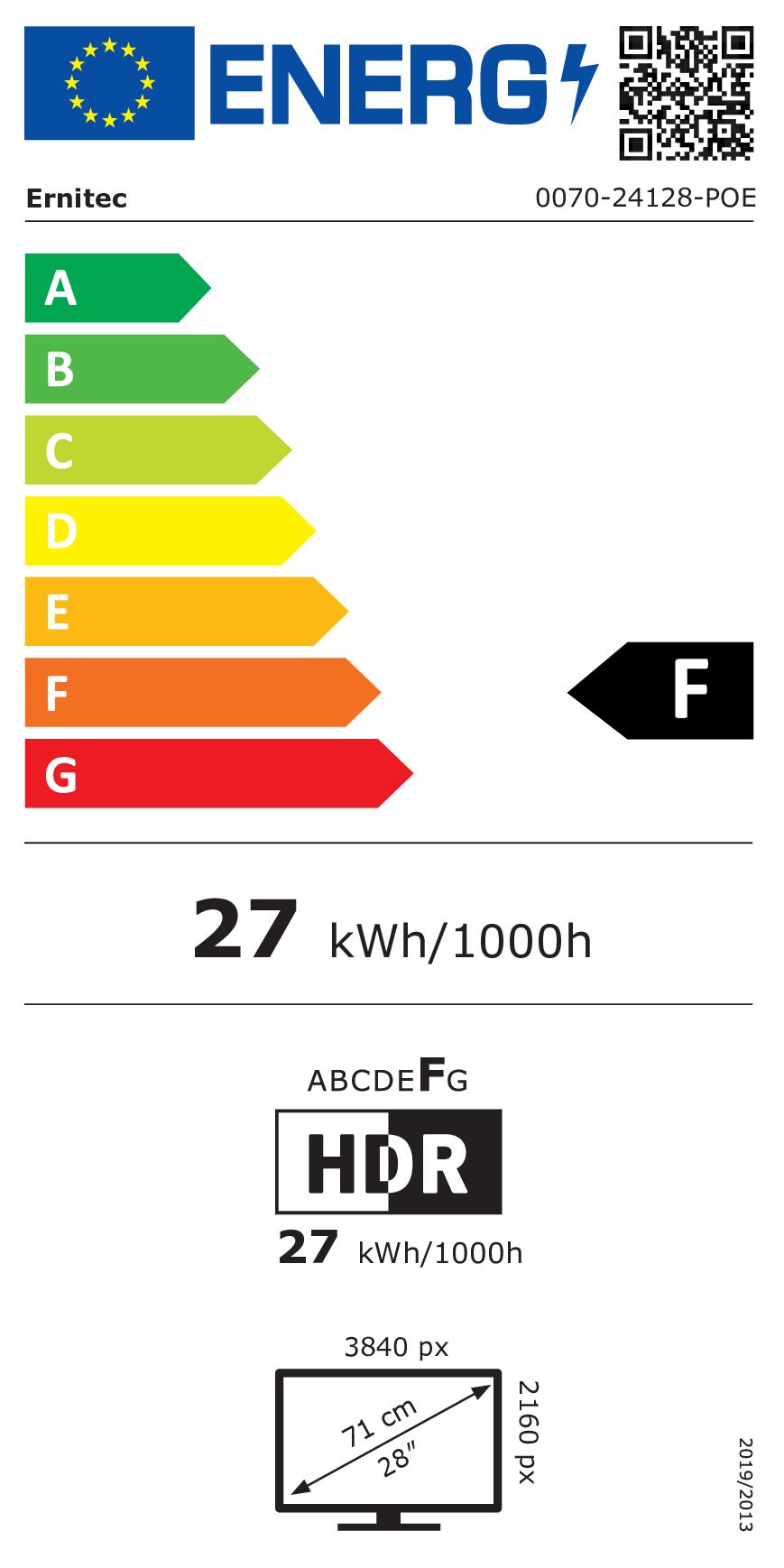 Etykieta energetyczna UE dla Ernitec, klasa F, 27 kWh/1000h, HDR, ekran 28 cali.