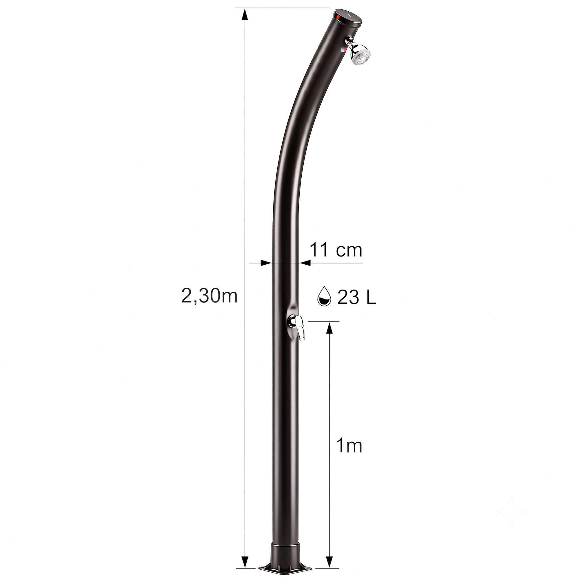 Ducha solar negra con dimensiones: 2.30m de alto, 11cm de ancho, 23L de capacidad y 1m de altura de manija sobre fondo blanco.