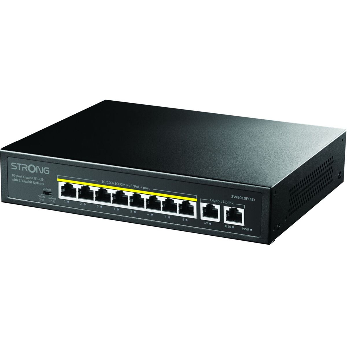 Uno switch di rete nero Strong a 10 porte Gigabit PoE+ con porte Ethernet su sfondo bianco.