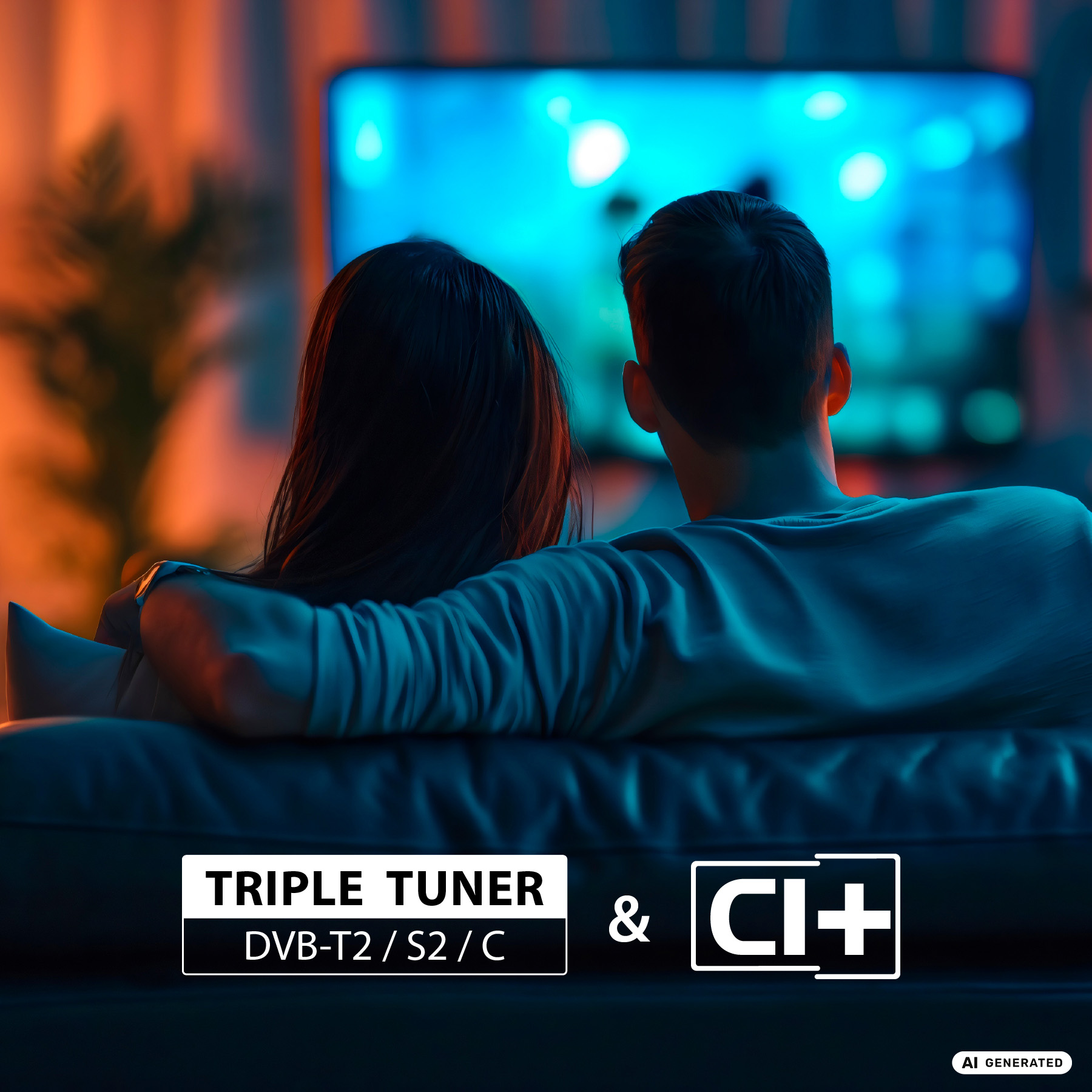 Ein Paar sitzt auf einem Sofa und sieht fern, mit Texthinweis auf Triple Tuner und CI+.