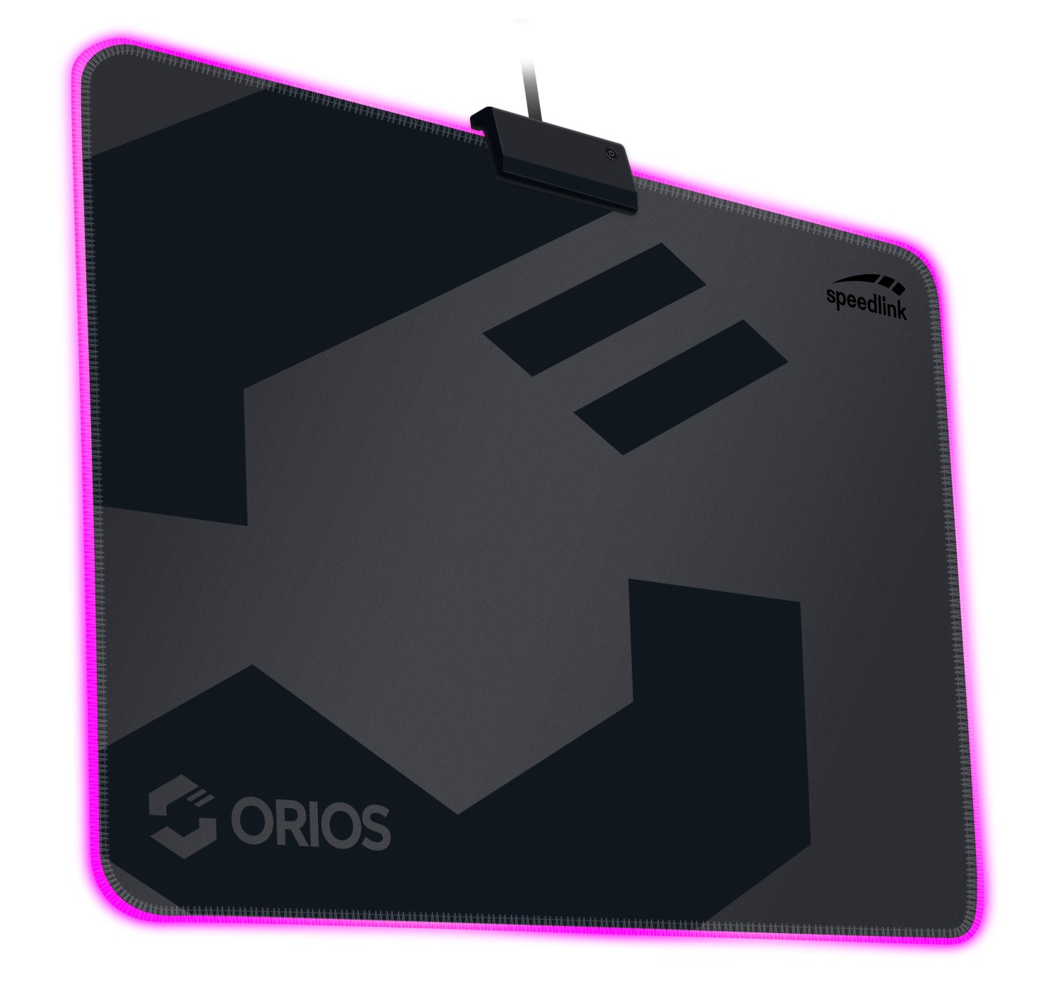 Ein schwarzes Speedlink Orios Mauspad mit leuchtend rosa LED-Beleuchtung am Rand und geometrischen Mustern.