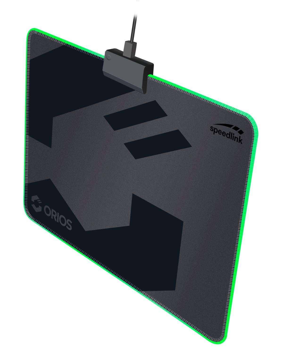 Schwarzes Speedlink Orios Mauspad mit leuchtend grüner Randbeleuchtung und angeschlossenem USB-Kabel.