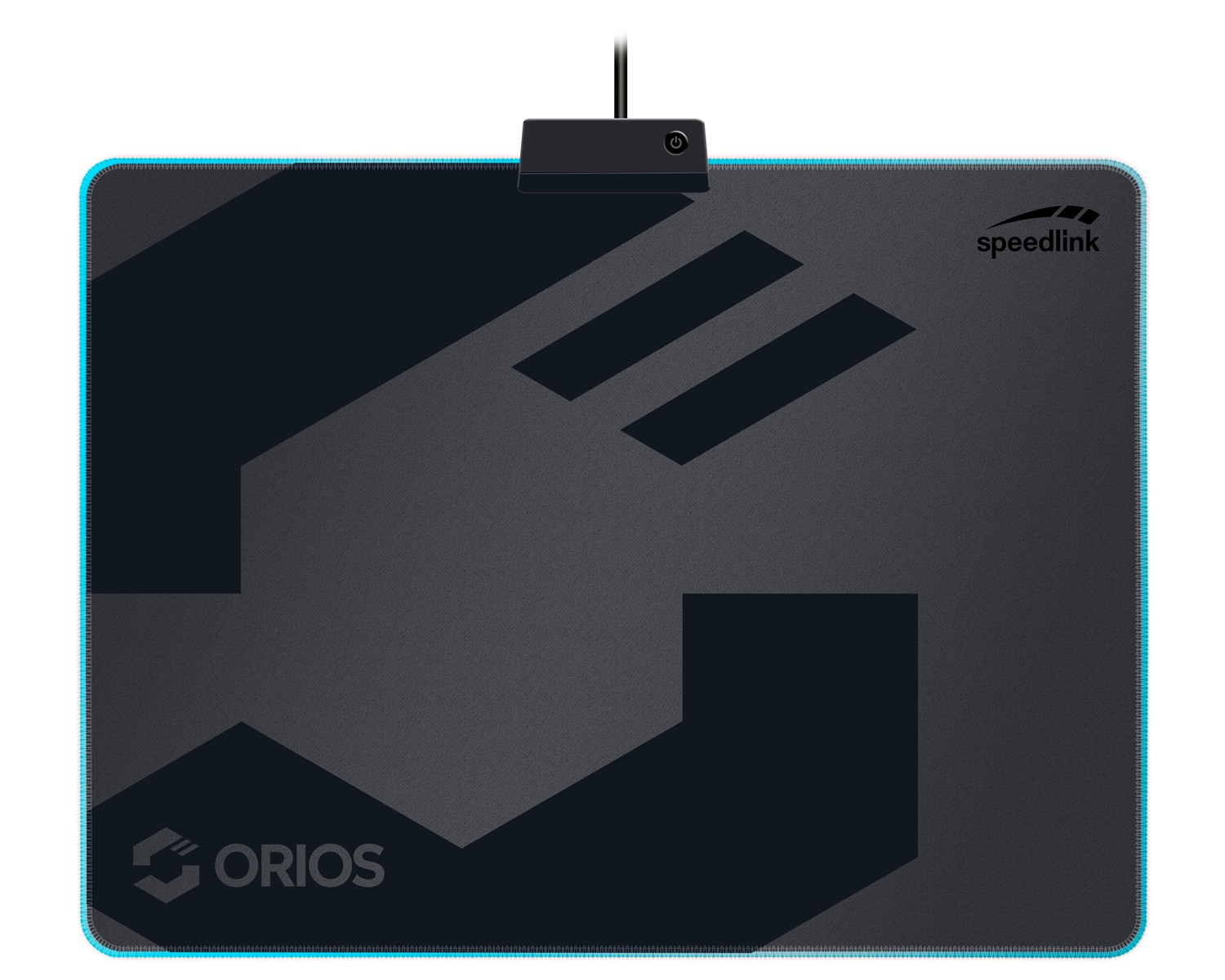 Schwarzes Speedlink Orios Gaming-Mauspad mit blauer Randbeleuchtung und Kabel.