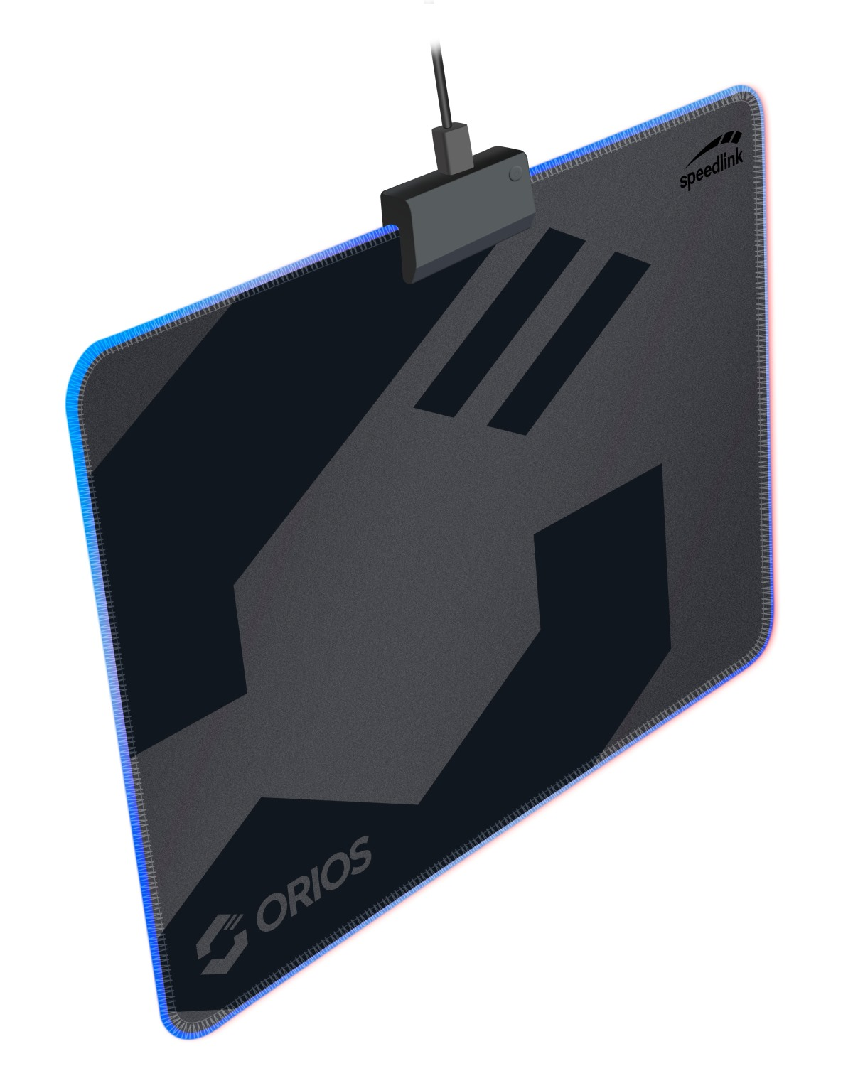 Schwarzes Speedlink Orios Gaming-Mauspad mit blauer LED-Beleuchtung und angeschlossenem USB-Kabel.