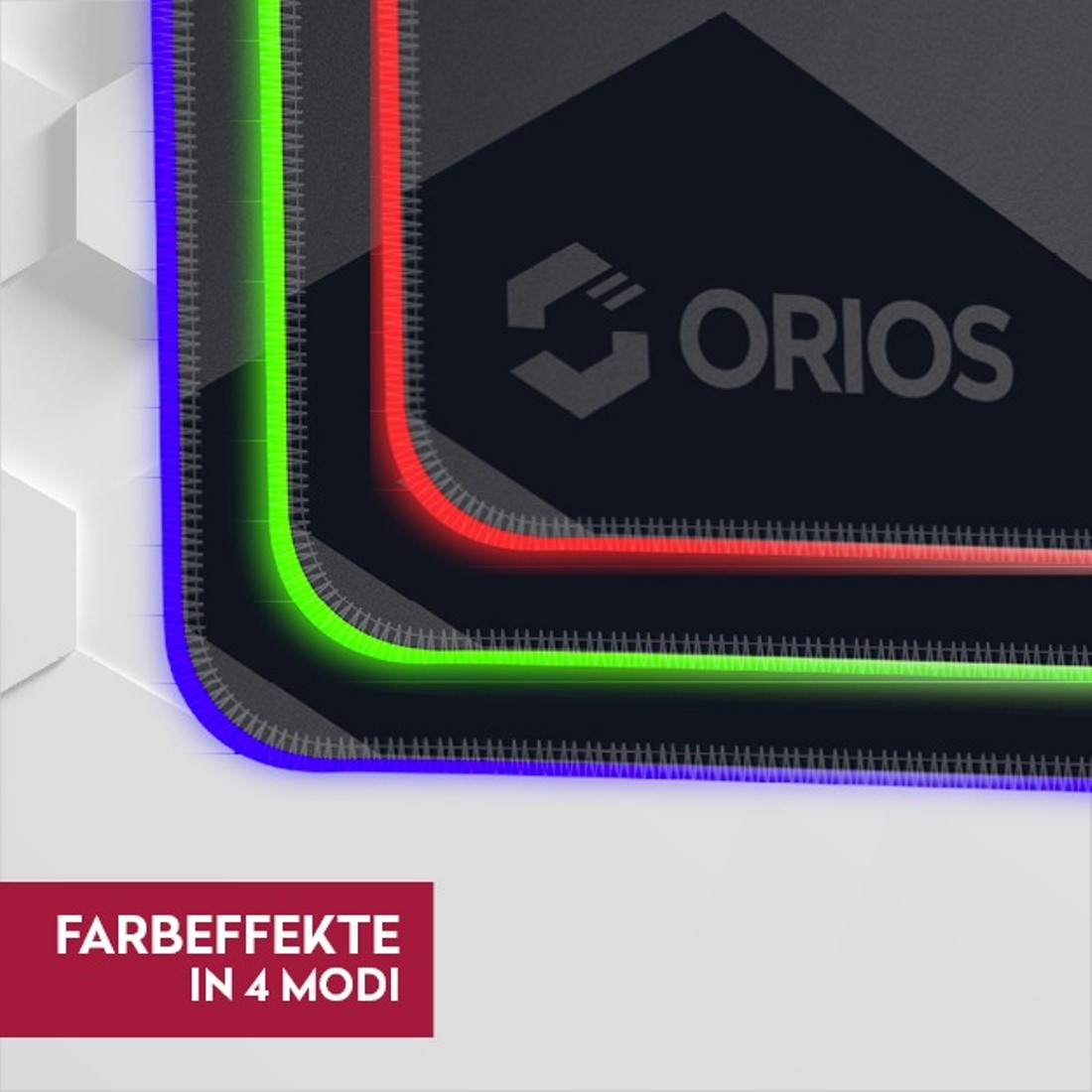 Nahaufnahme eines Orios-Gaming-Mauspads mit RGB-Lichteffekten in Rot, Grün und Blau und strukturierten Rändern.
