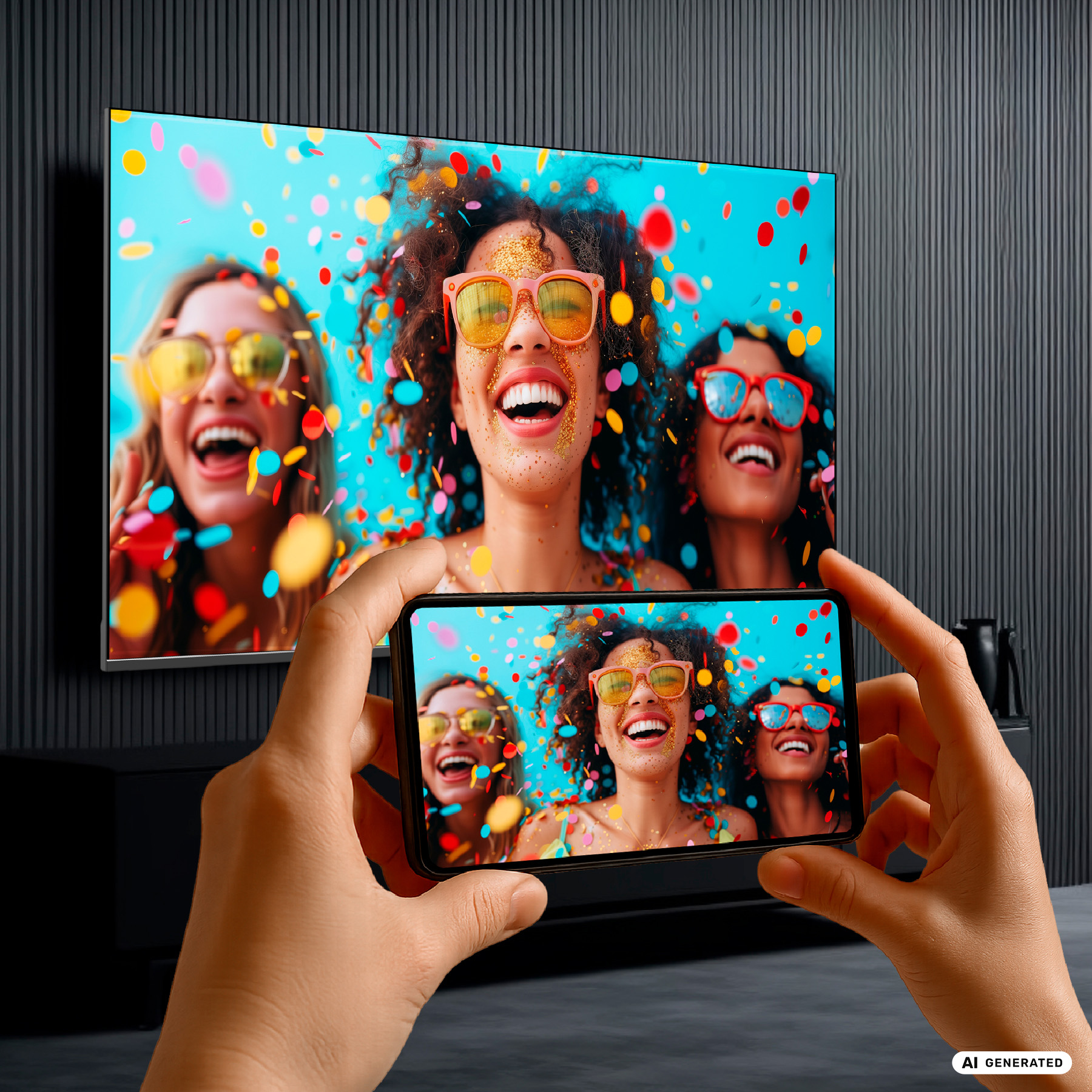 Ein Smartphone fotografiert einen großen Fernseher mit drei glücklichen Frauen und Konfetti.
