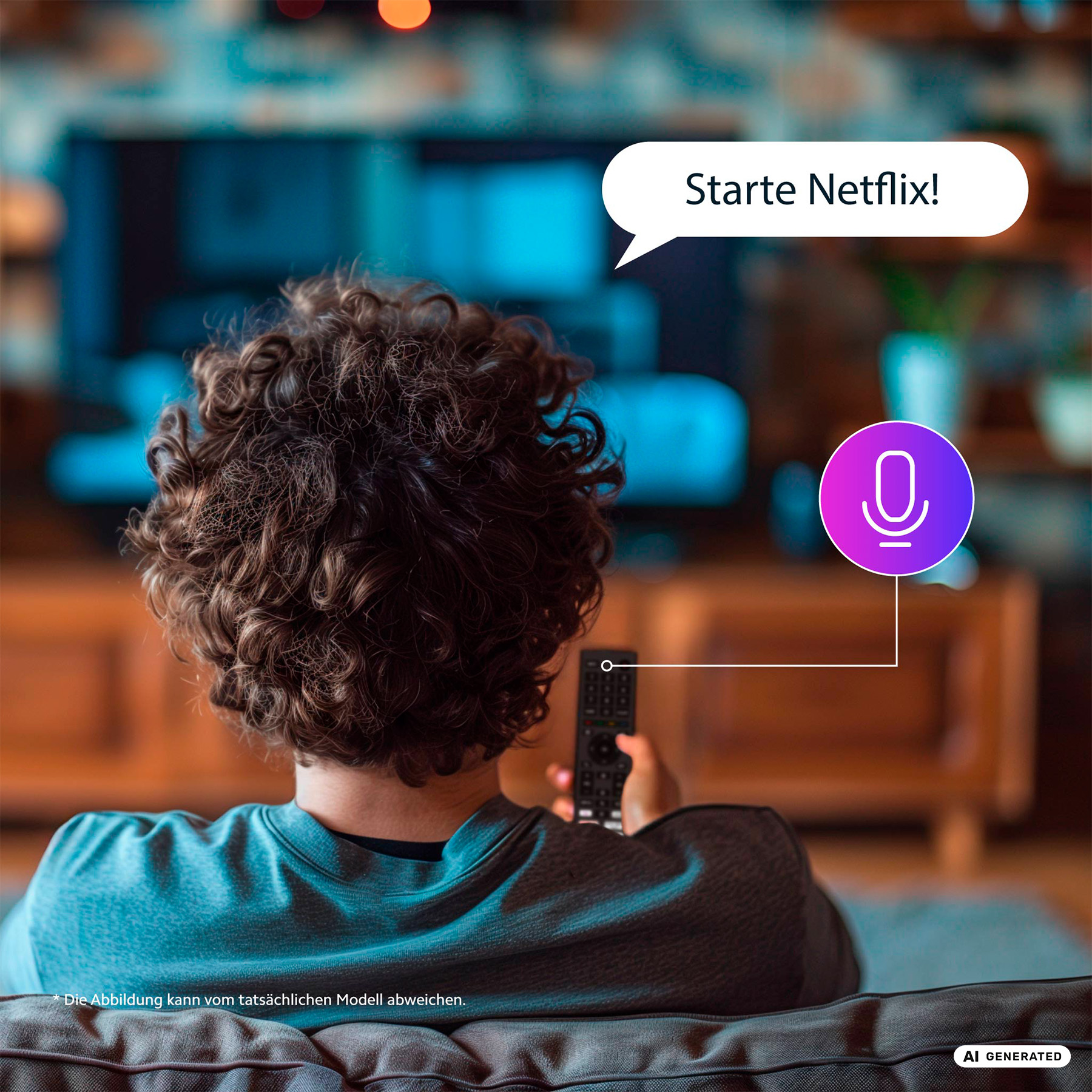 Person von hinten mit Fernbedienung vor Fernseher, Sprachblase "Starte Netflix!" und Mikrofonsymbol.