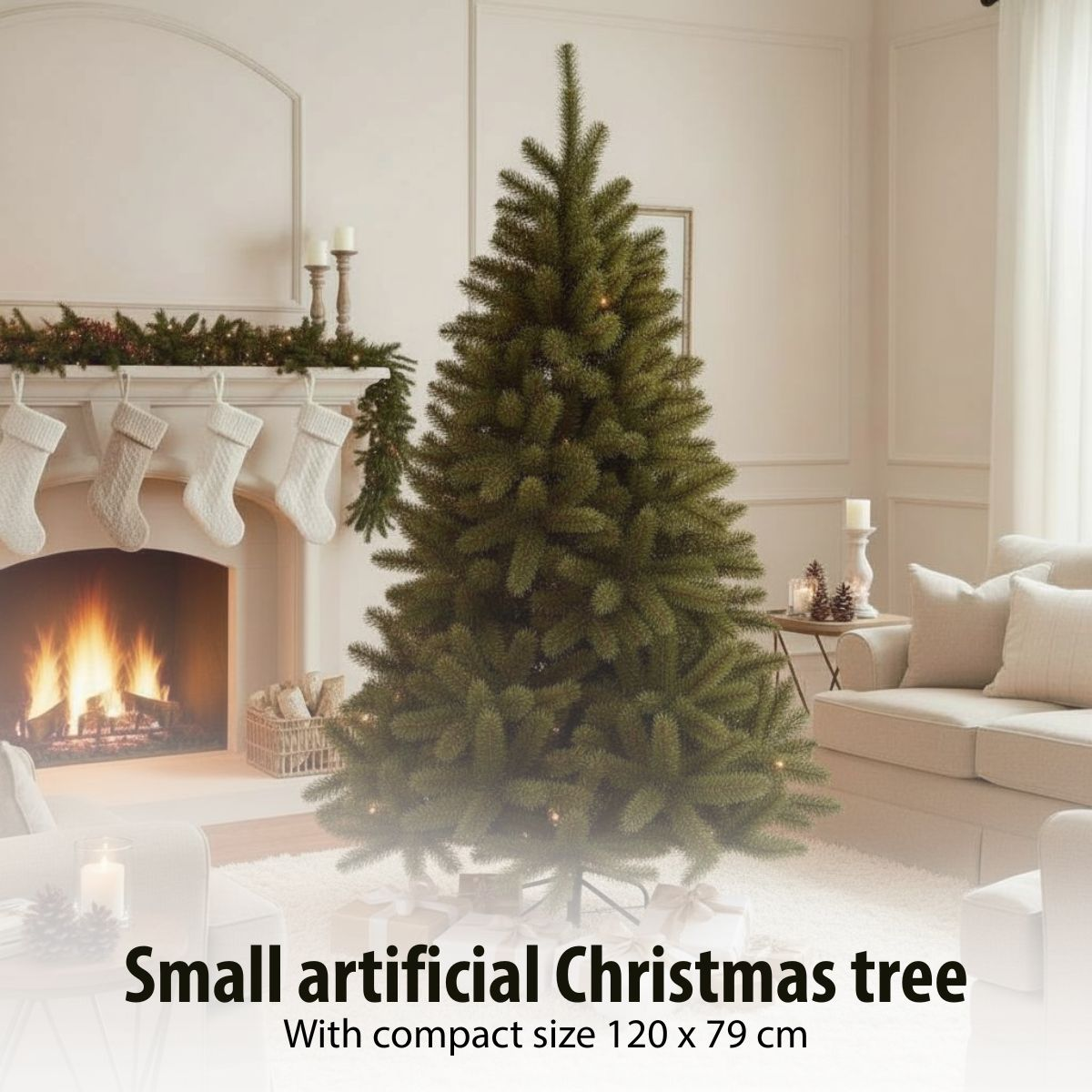 Un sapin de Noël artificiel vert se trouve dans un salon chaleureux avec une cheminée et des chaussettes.