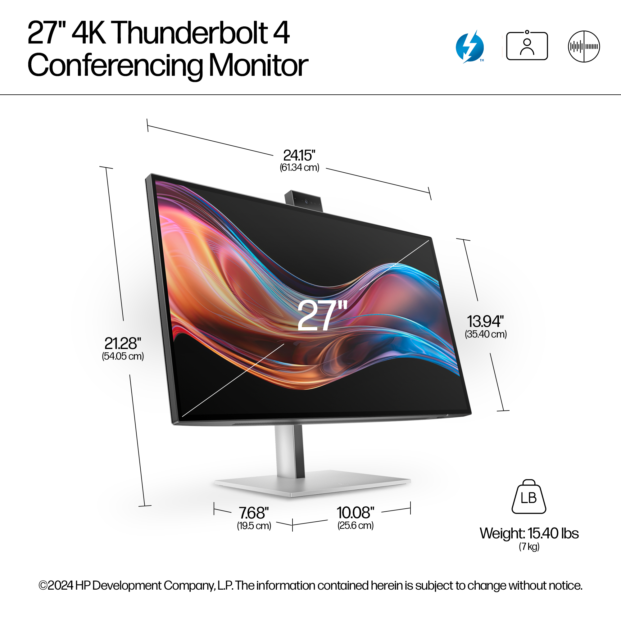 Disegno tecnico e dimensioni del monitor per conferenze HP 4K Thunderbolt 4 da 27 pollici.