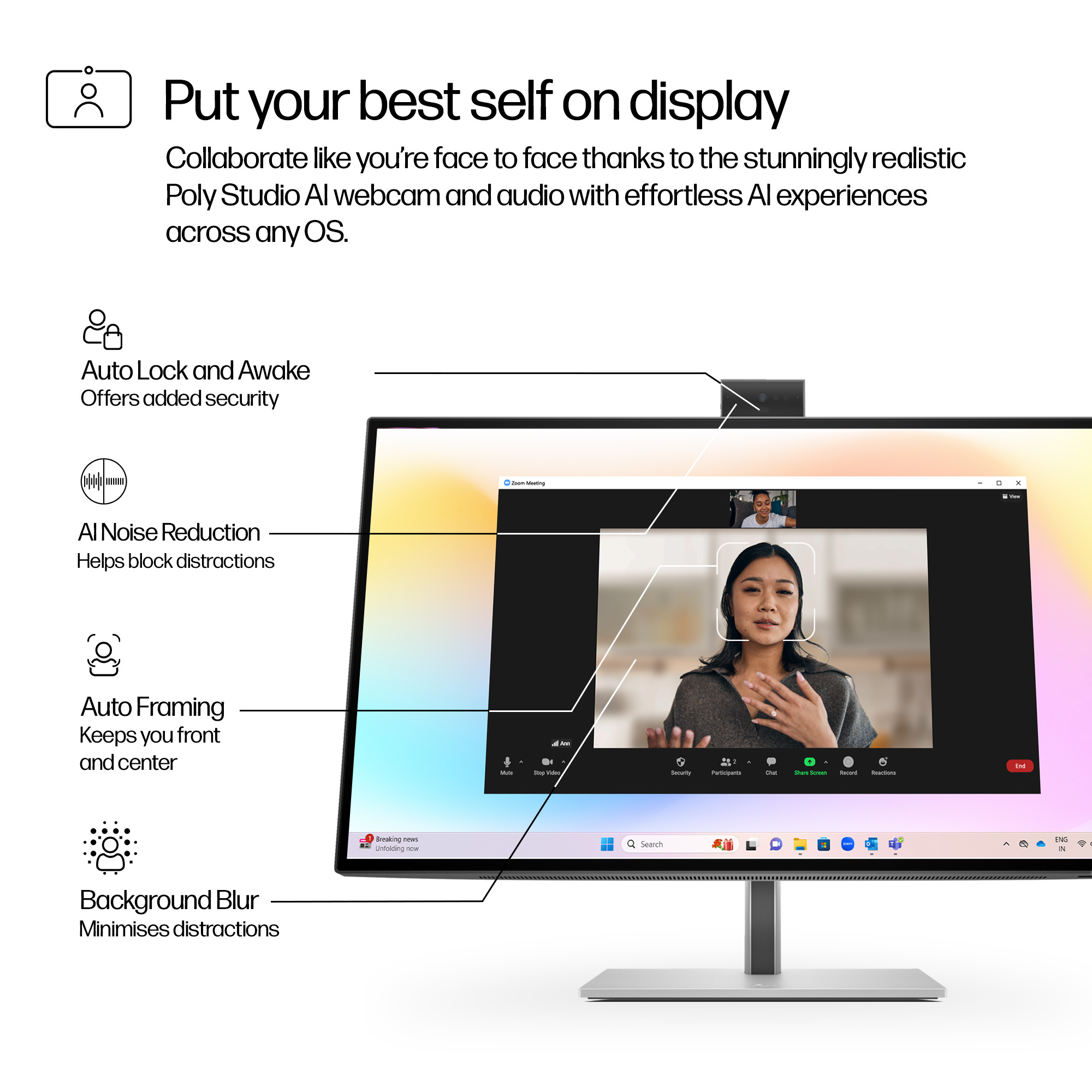 Un monitor mostra una videochiamata con funzioni IA come inquadratura automatica, riduzione del rumore e sfocatura.