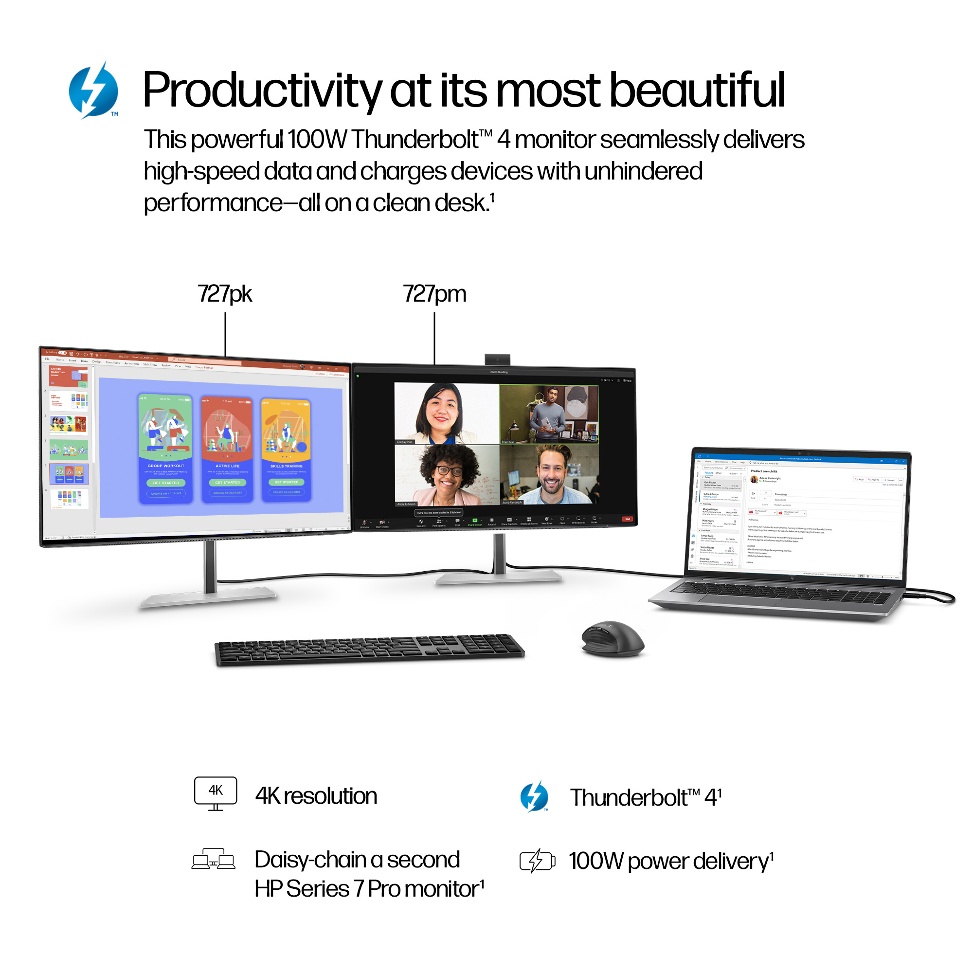 Configurazione monitor HP Thunderbolt 4 con doppio schermo, laptop, tastiera, mouse e funzioni evidenziate.