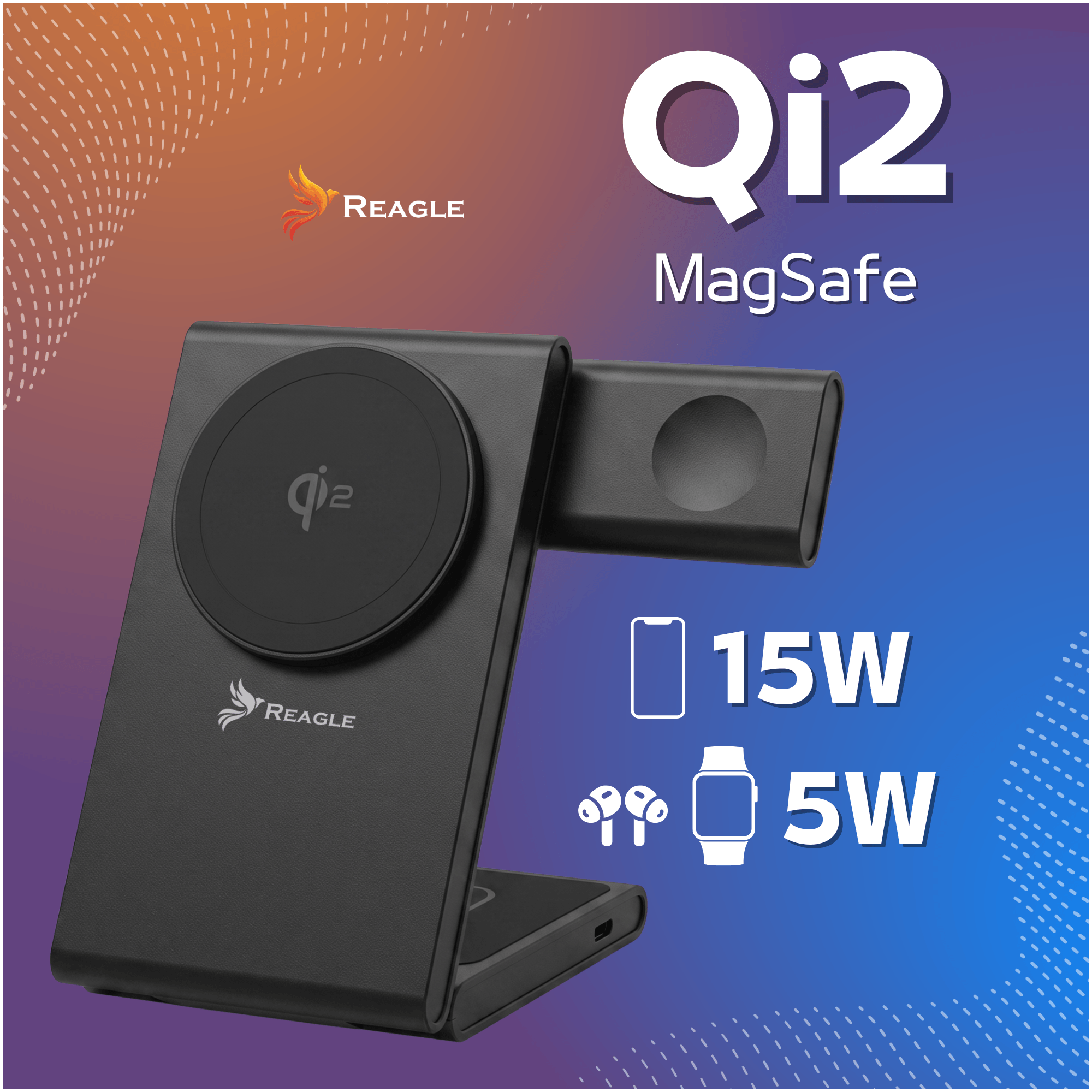 Czarna stacja ładująca Reagle Qi2 MagSafe do telefonu, zegarka i słuchawek na niebiesko-czerwonym tle.