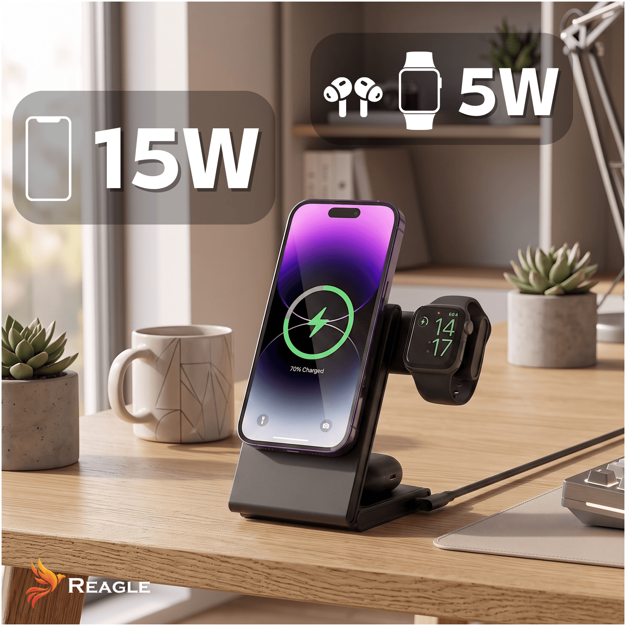 Czarna stacja ładowania bezprzewodowego ładuje smartfon i smartwatch na biurku.