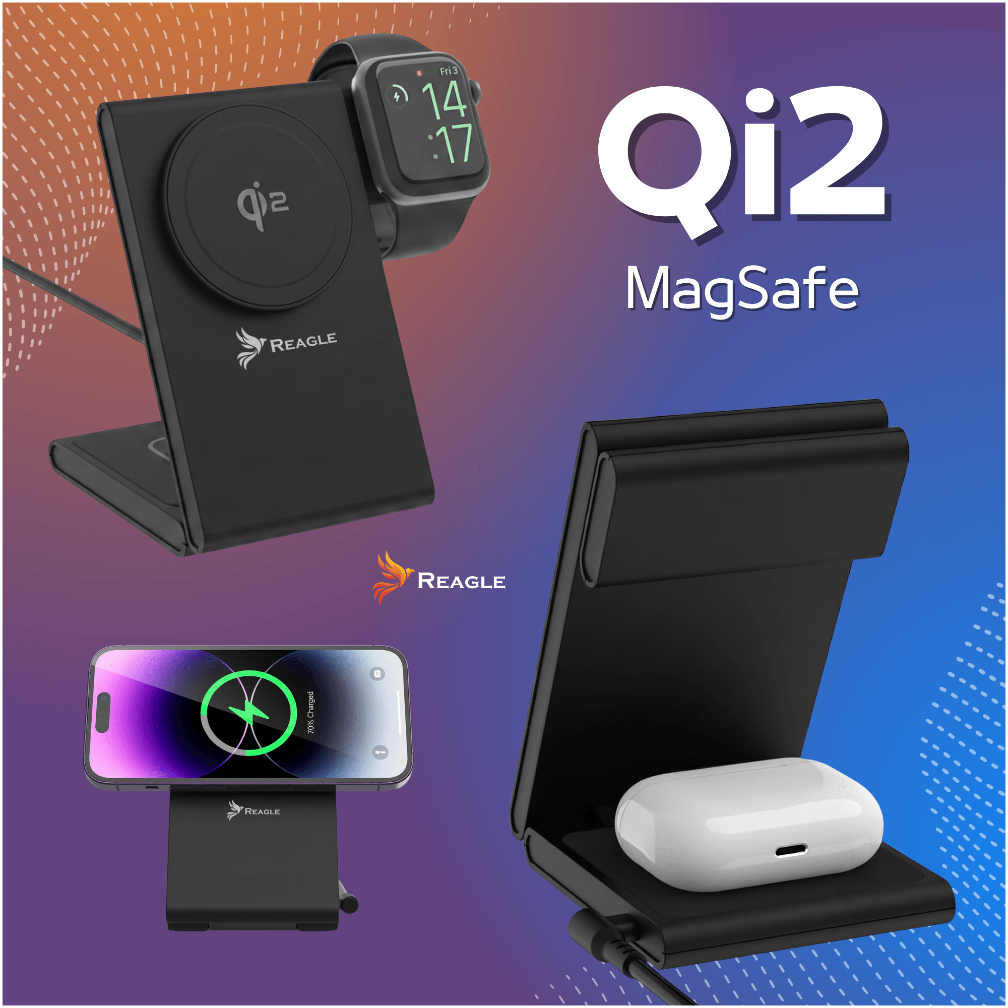 Czarna stacja ładowania Qi2 MagSafe ładuje smartfon, smartwatch i słuchawki.