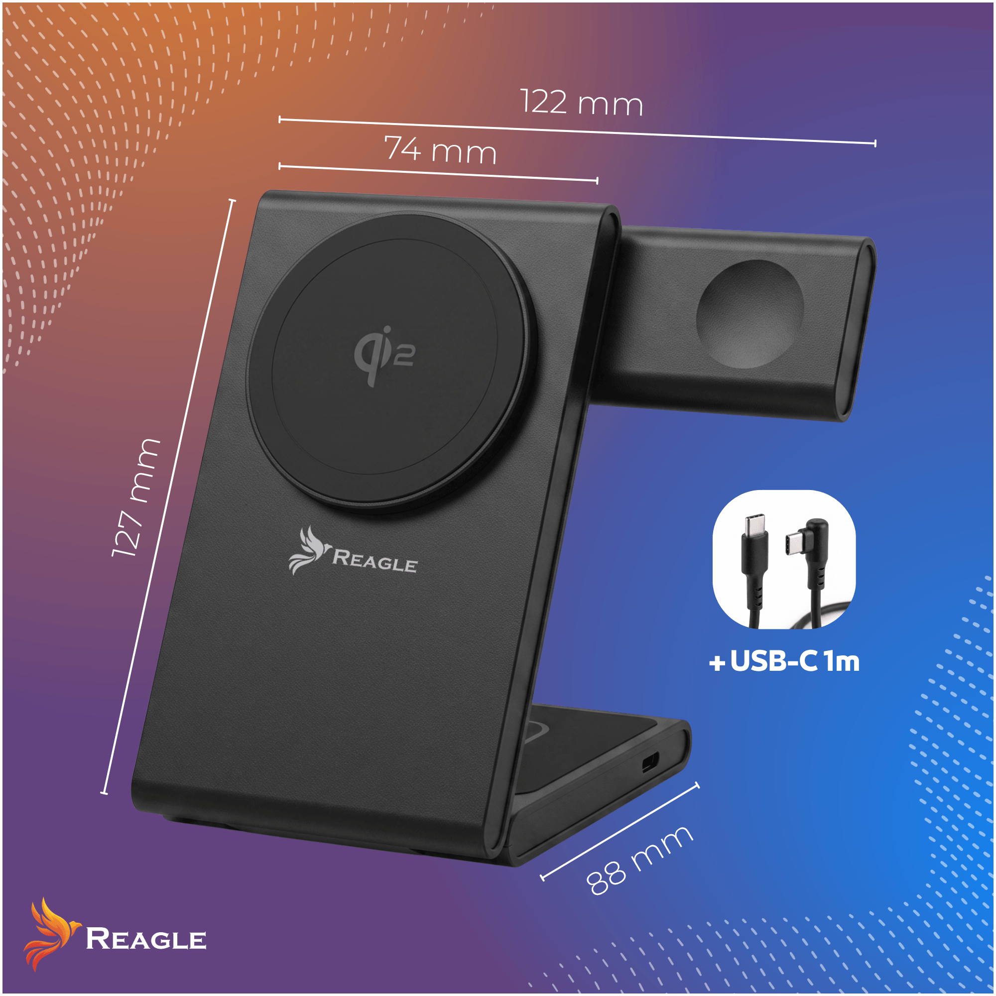 Czarny bezprzewodowy stojak ładujący Reagle 3 w 1 z wymiarami i kablem USB-C na tle gradientowym.