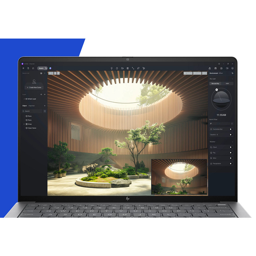 Ein Laptop zeigt 3D-Design-Software mit einer modernen Inneneffektszene.