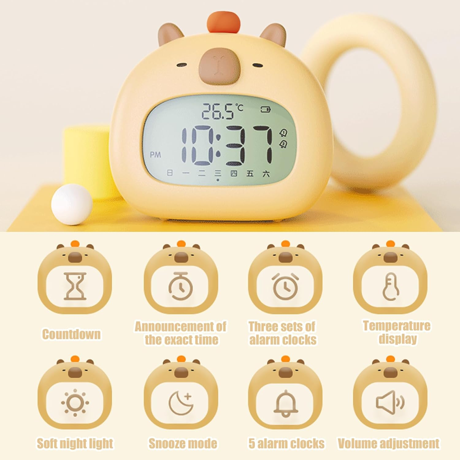 Gelber Wecker im Tiermotiv mit digitaler Anzeige und Symbolen für Zusatzfunktionen wie Temperatur und Countdown.
