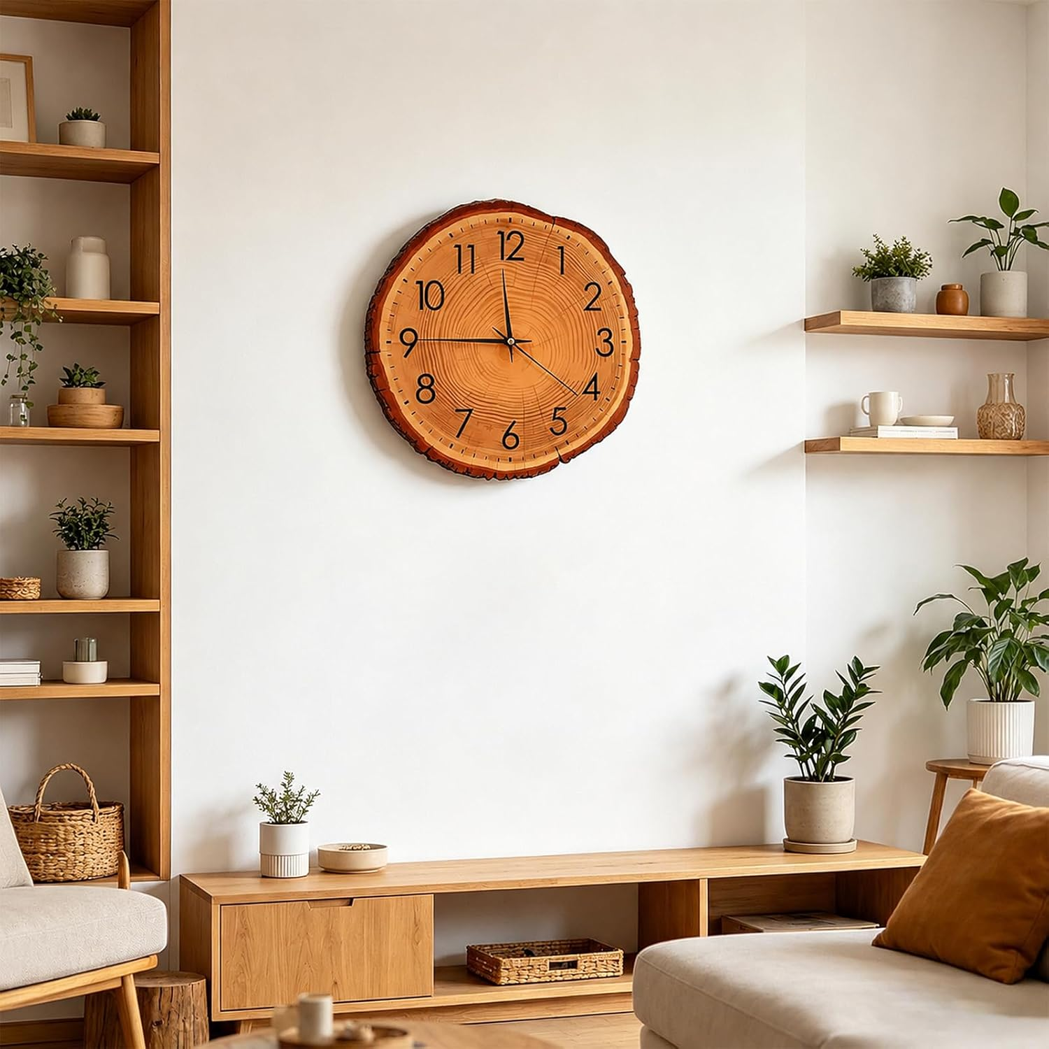 Wohnzimmer mit Holzuhr, Regalen, Pflanzen und hellem Sofa vor weißer Wand.