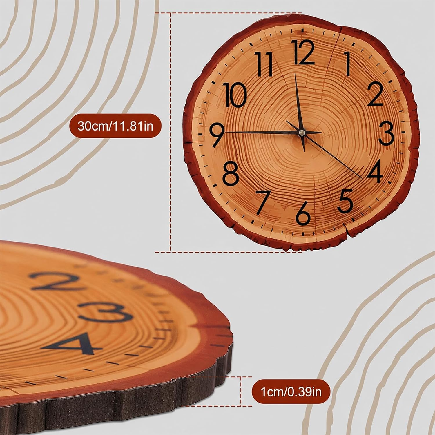 Eine Holzschnitt-Wanduhr mit schwarzem Zifferblatt, die einen Durchmesser von 30 cm und eine Dicke von 1 cm hat.