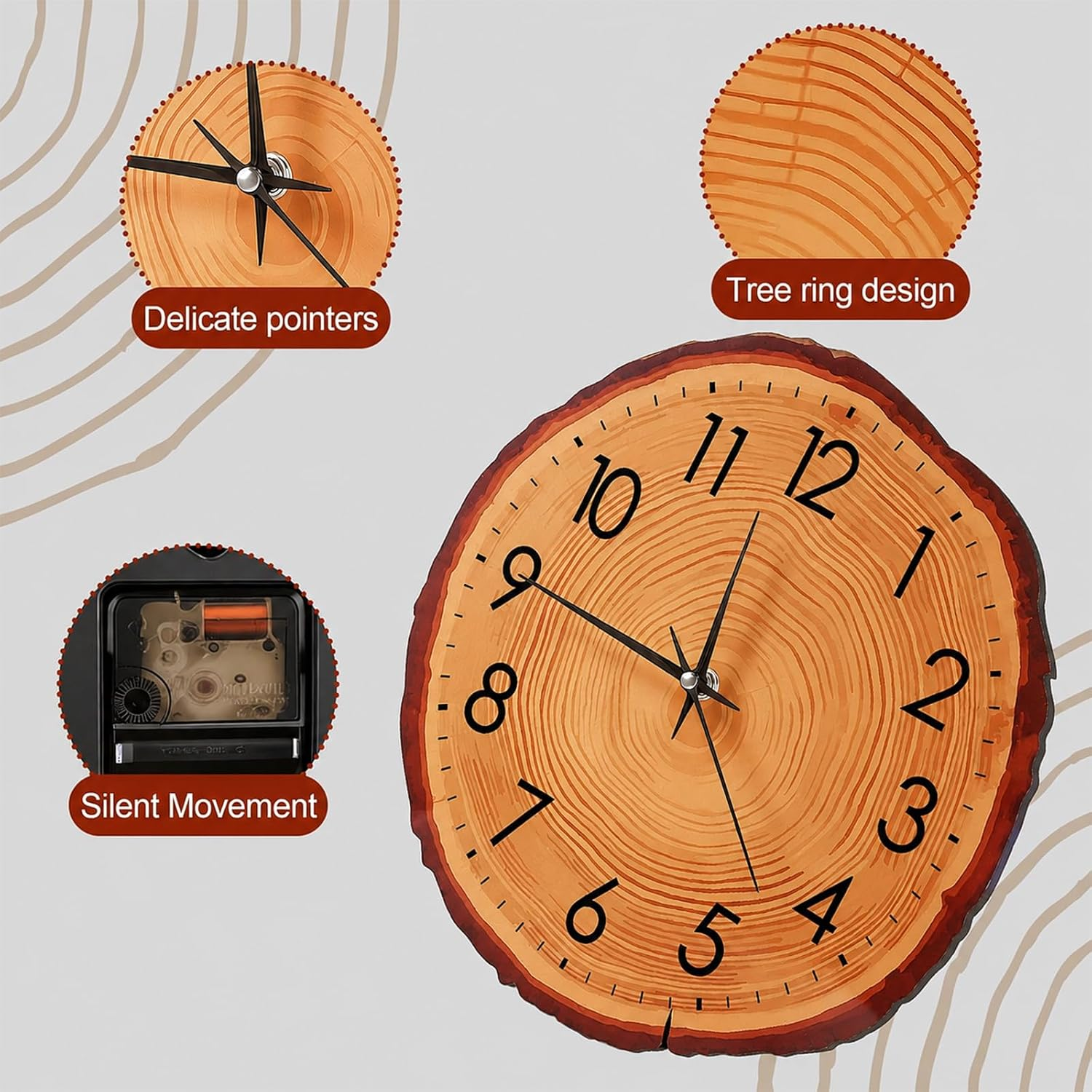 Holzscheiben-Wanduhr mit Baumring-Design, Zeigern, leisem Uhrwerk und deutlichen Ziffern.