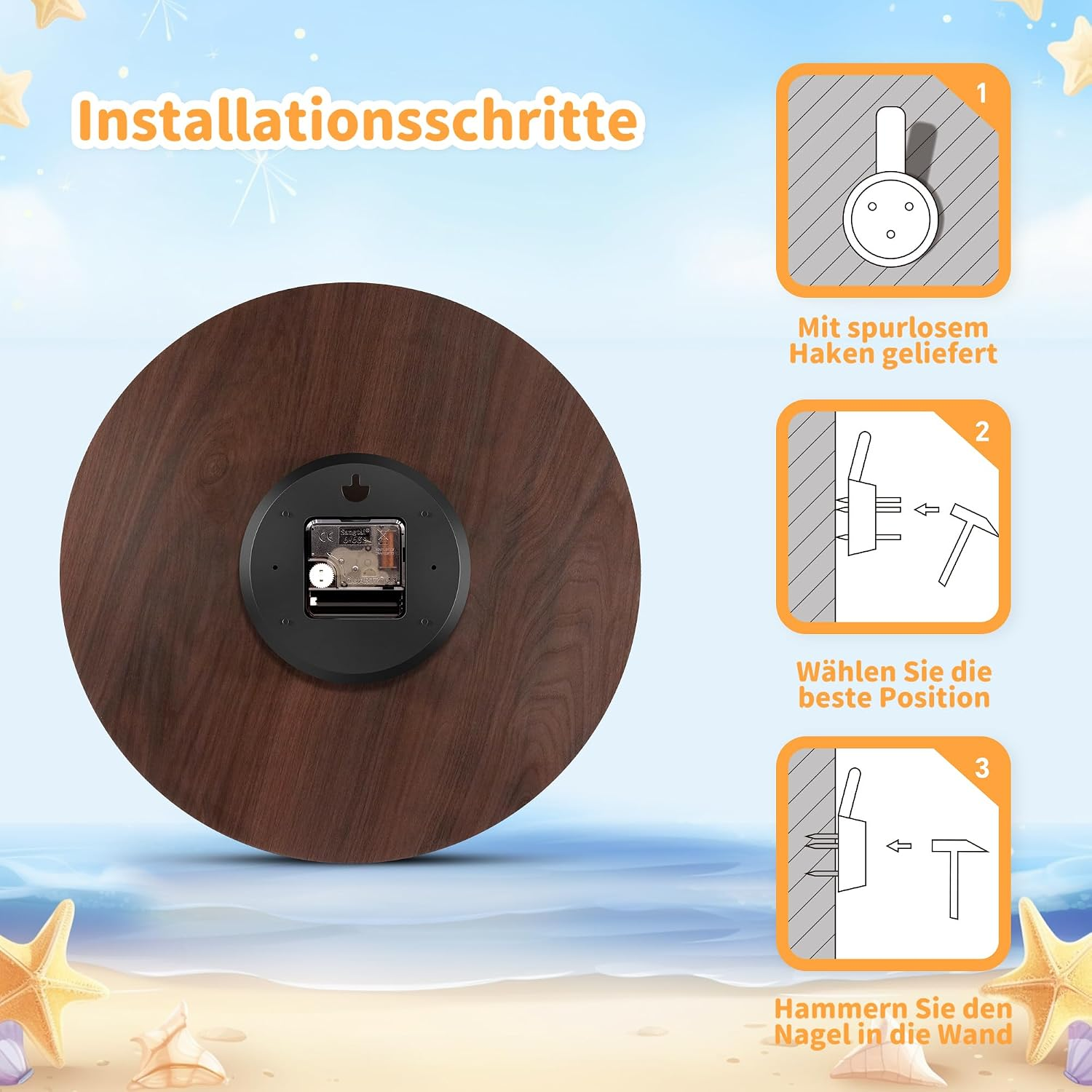 Installationsschritte für eine Holzwanduhr, die zeigen, wie der Haken mit einem Hammer befestigt wird.