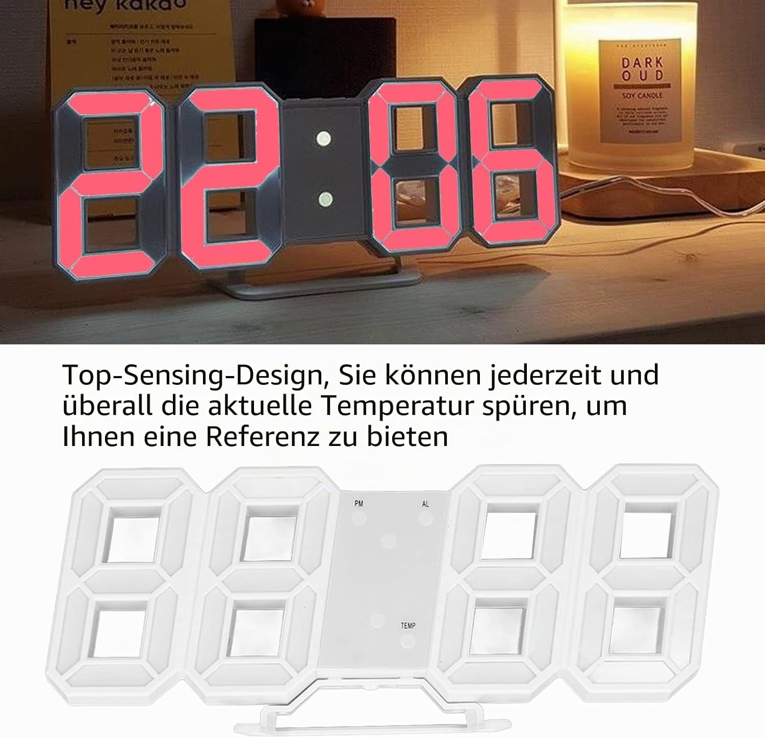 Moderne weiße LED-Uhr mit großen rosa leuchtenden Ziffern, daneben eine Duftkerze.