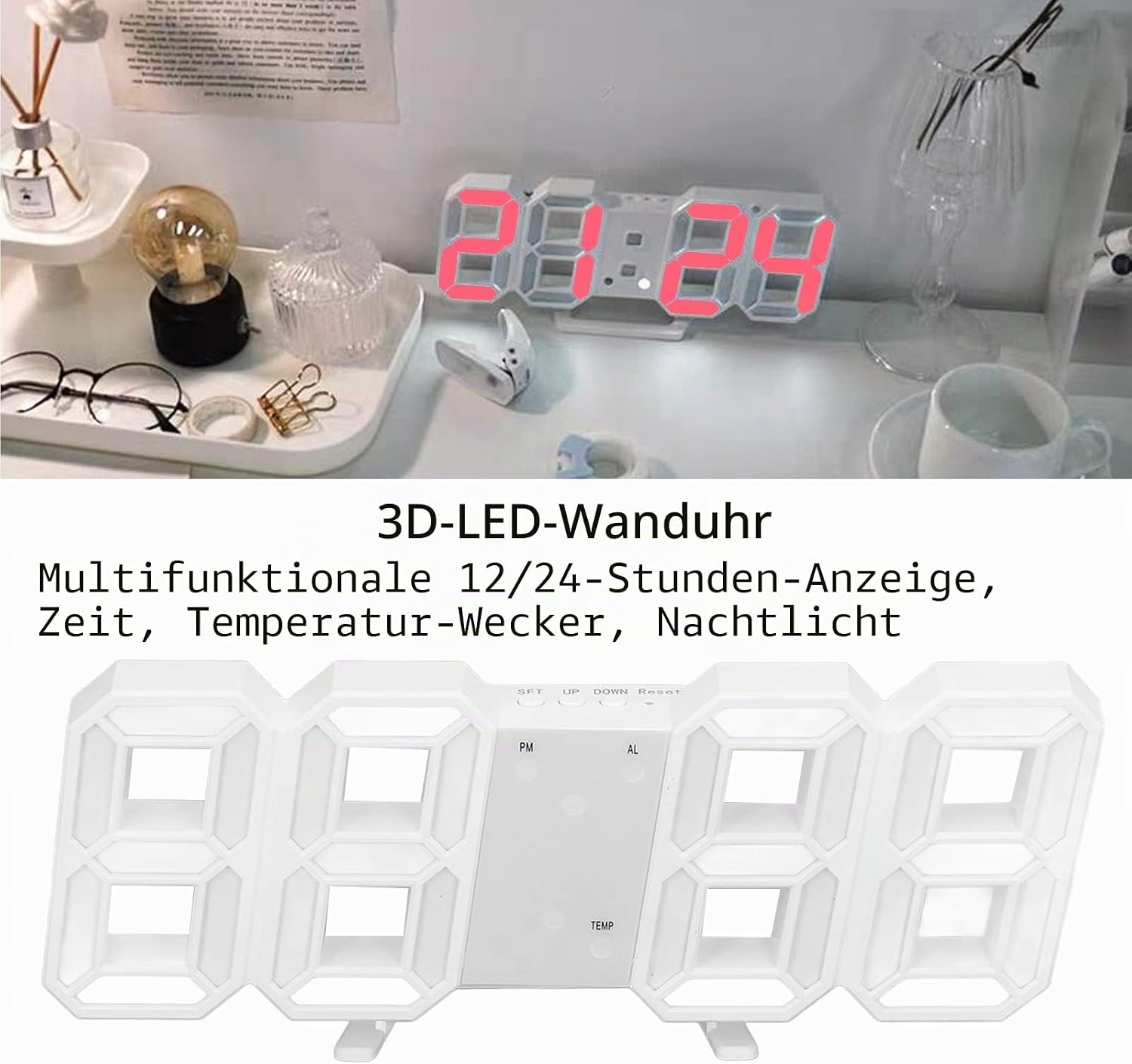 Eine weiße 3D-LED-Digitaluhr mit roten Ziffern steht auf einem Tisch, umgeben von Dekoration.